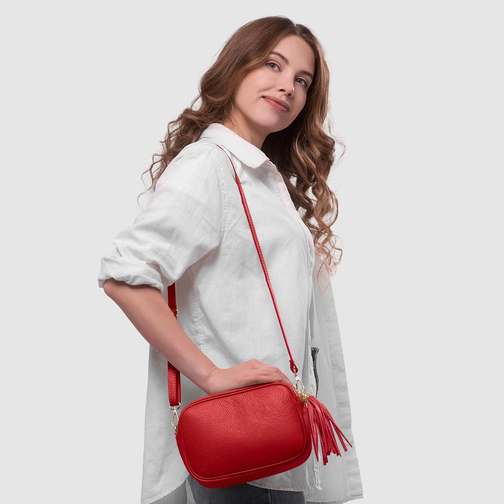 Italian Calf Leather Crossbody Bag for Women with Tassel Zipper | Small Camera Purse Shoulder Handbag Pocketbook