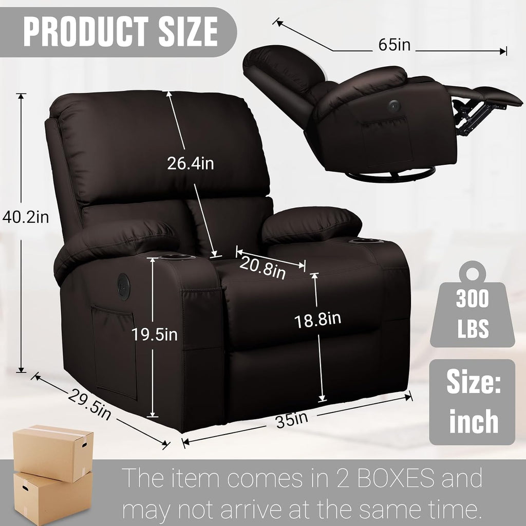 LAFWELL Rocking Recliner Chair, Massage Rocker Recliner Chair with Vibration Massage and Heat, USB and Type-C Ports,360° Swivel Faux Leather Chairs, Living Room, Bedroom, Nursery, RV, Brown