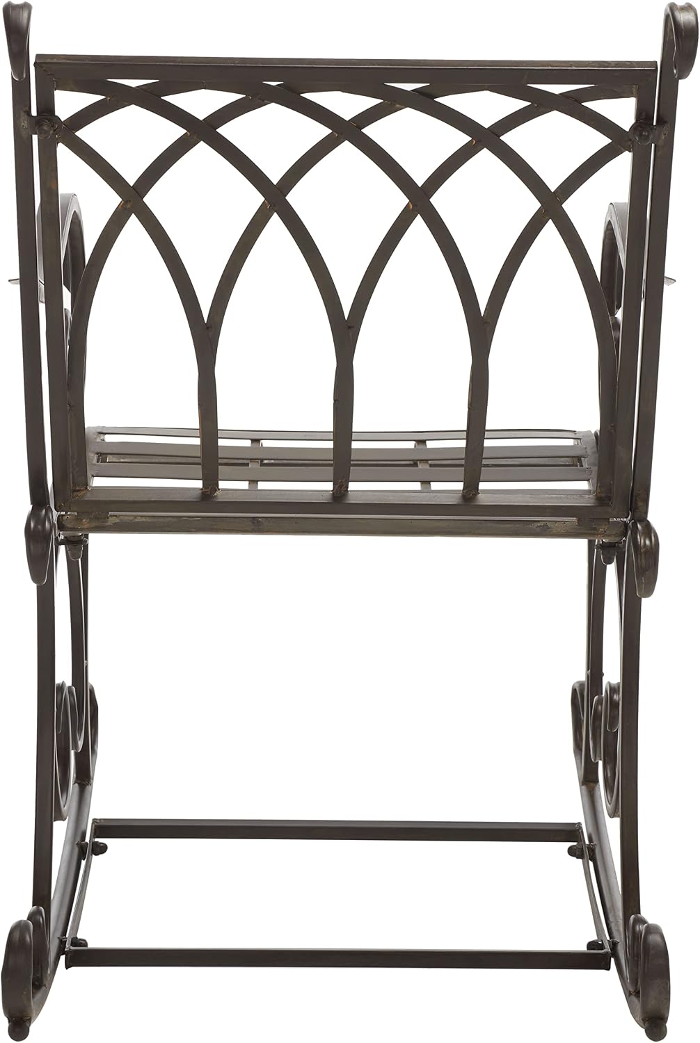 SAFAVIEH Outdoor - Medrano Iron Rocking Chair - Rustic Brown Iron Metal - Vintage Ornate Scrollwork Design - Ideal for Patio, Deck, Porch, Garden, 15' Seat Height (PAT5030B)