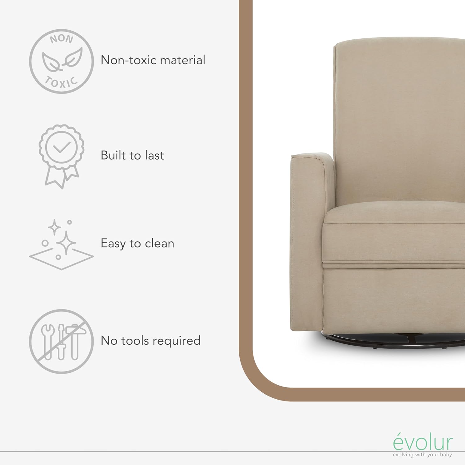 évolur Harlow Upholstered Power Glider Recliner with USB Charging – Rocking & 275° Swivel with Smooth Glide – Greenguard Gold & FSC Certified – Modern Nursery and Living Room Chair in Fawn