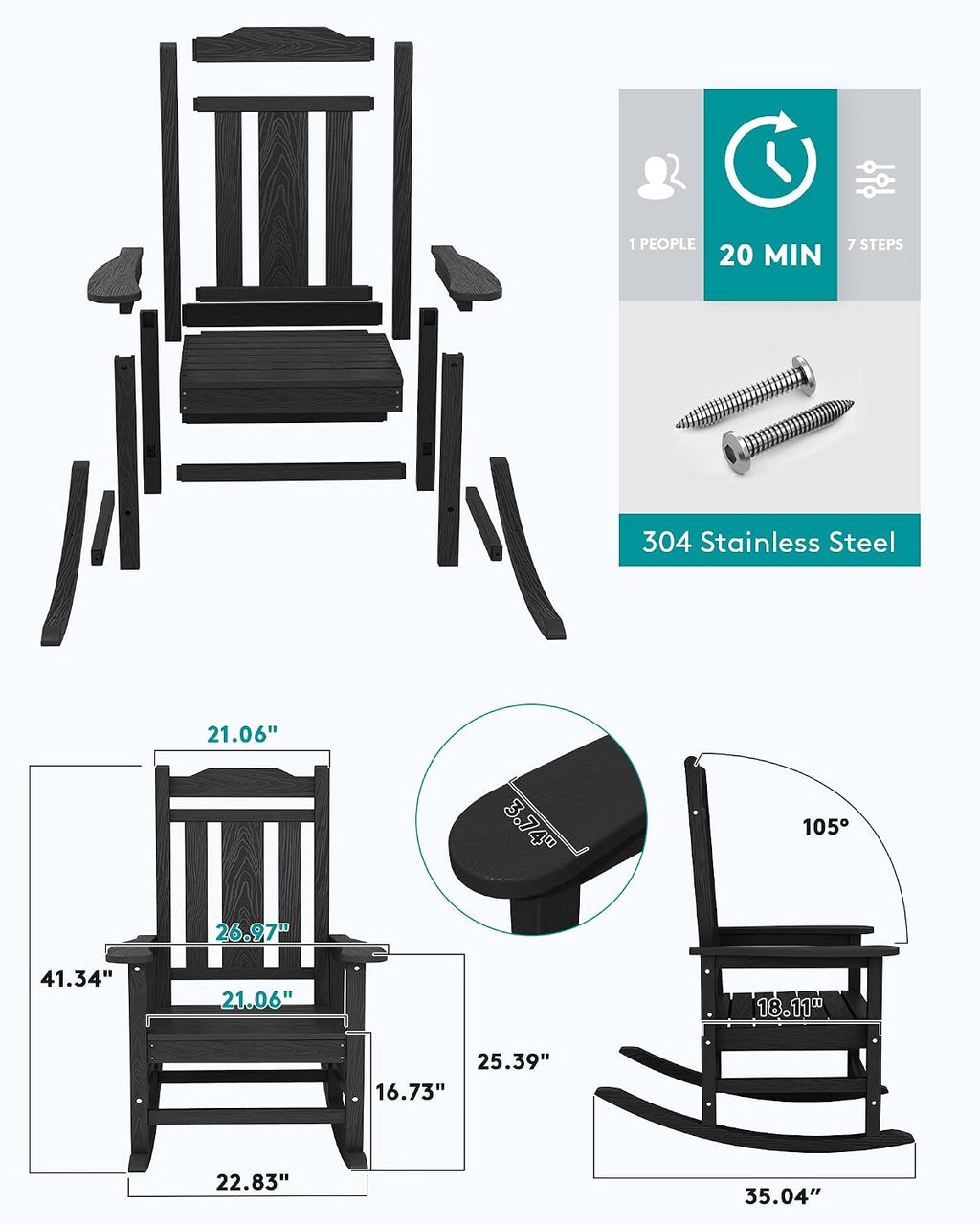 SERWALL Oversized Rocking Chair, HDPE Outdoor Rocking Chairs Set of 4, Patio Rocking Chair Sets for Adults, Black