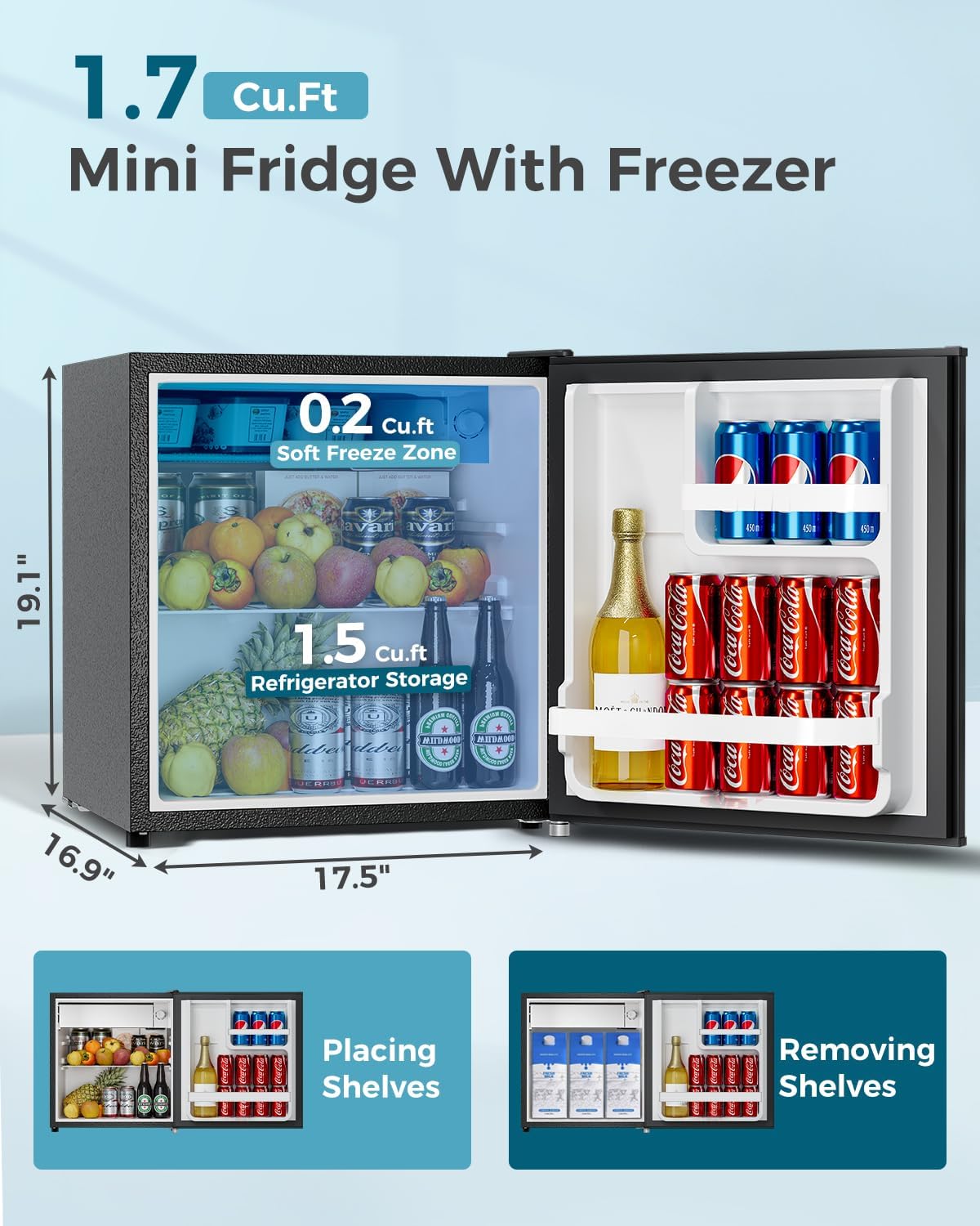 Feelfunn Small Fridge with Freezer - 1.7 Cu.Ft Single Door Mini Fridge with Adjustable Thermostat, Energy Saving, Low Noise, Small Refrigerator for Bedroom, Office, Dorm, Apartment, Classroom - Black