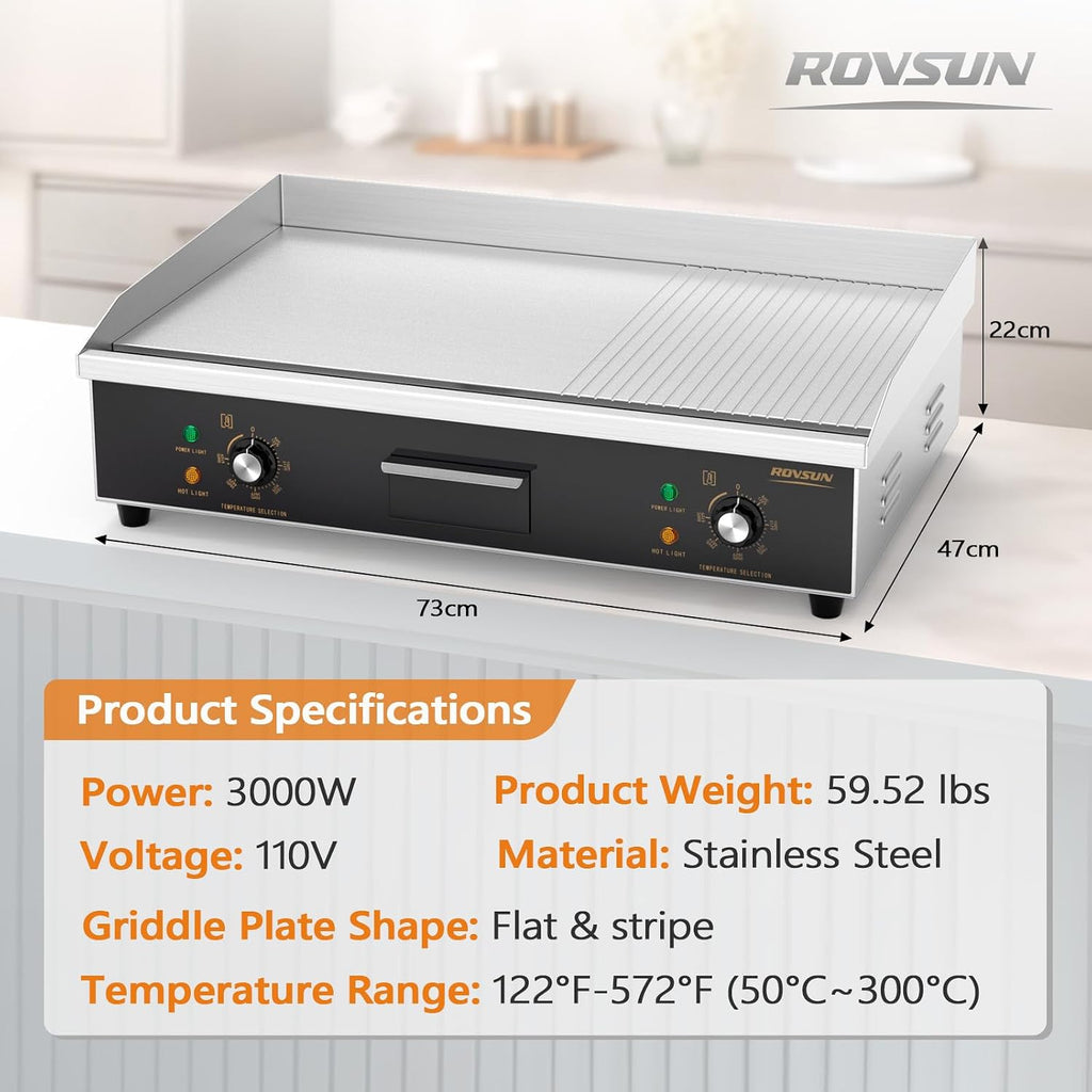 ROVSUN 30' Electric Griddle, Electric Countertop with Half Flat Top Griddle, 3000W Grill Stainless Steel with Adjustable Temperature Control 122°F-572°F for Commercial Home Restaurant, Plug