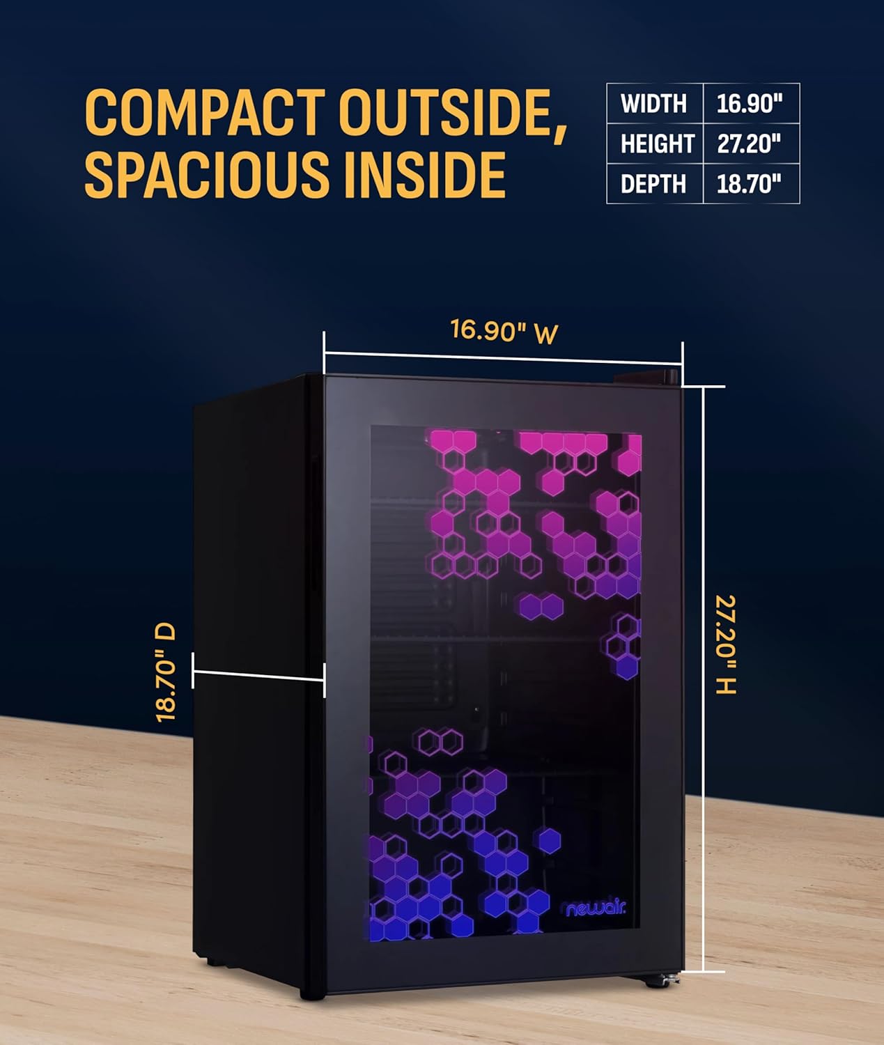 NewAir 85 Can Beverage Refrigerator with HexaColor LED Lights | Small Mini Fridge for Bedroom, Gaming Room, or Office | Remote Controlled Lighting & Quiet Cooling
