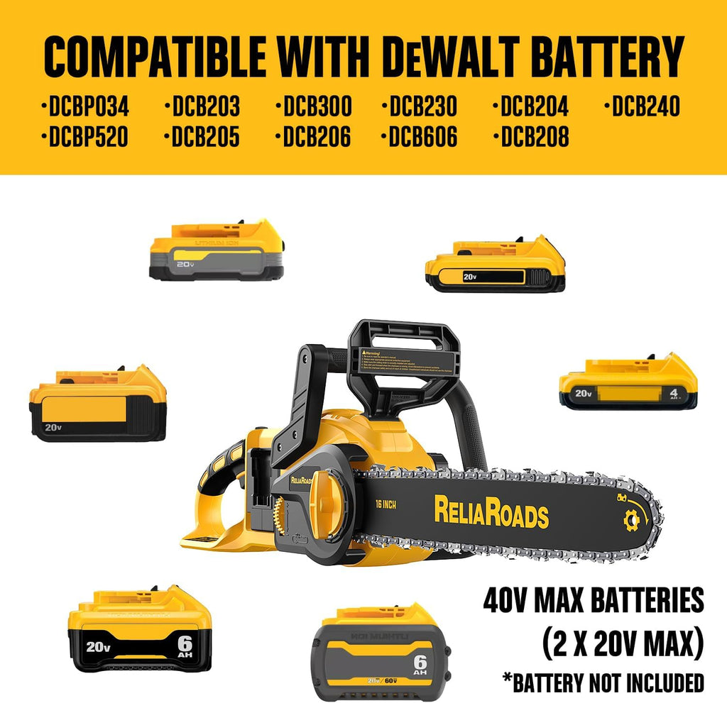 ReliaRoads 16-Inch Brushless Chainsaw, 40V (2 x 20V MAX) Cordless Battery Powered Chain Saw Kit (Includes 2 Chains) Compatible DeWALT Battery for Wood/Tree Cutting and Pruning (Battery Not Included)