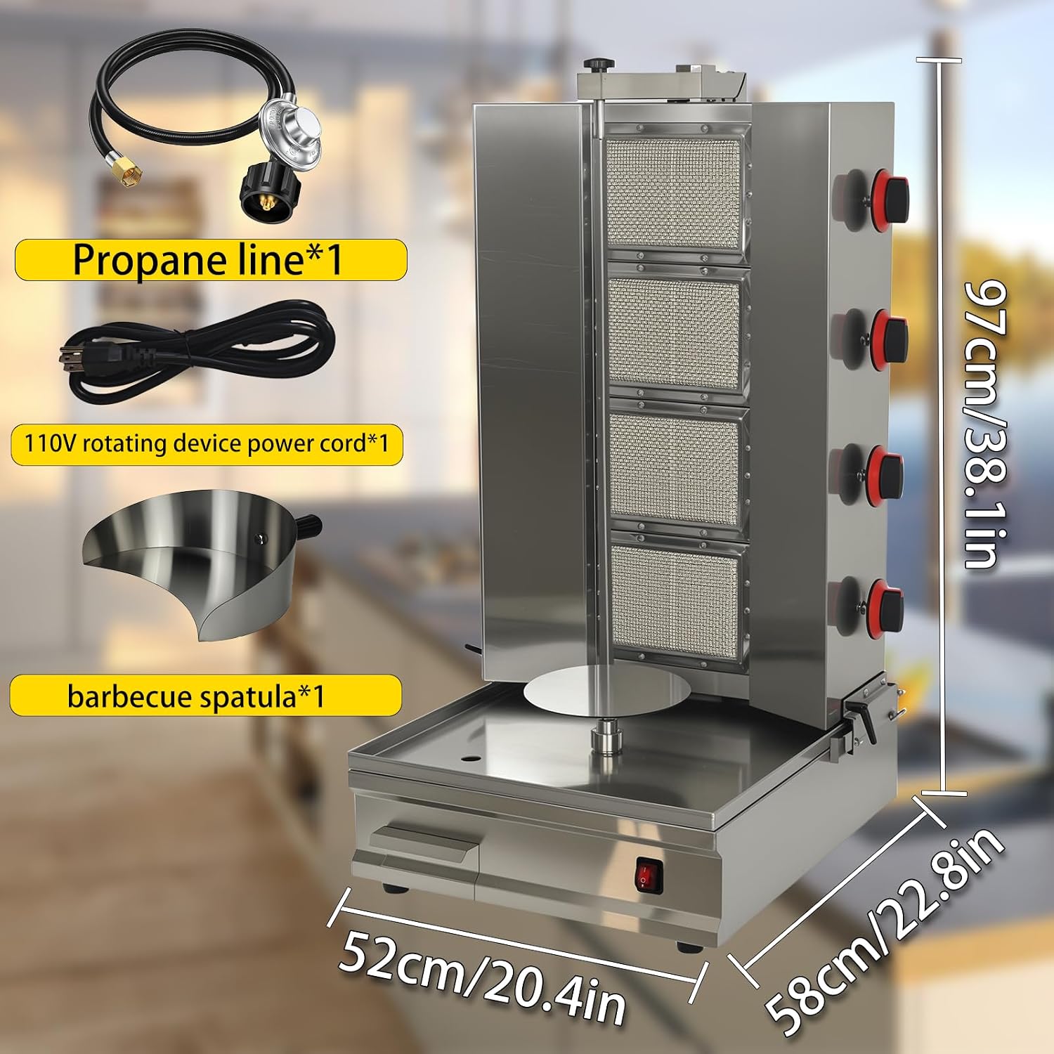 Shawarma Machine Oven Rotisserie Kebab Turkey Infrared Burner, Automatic Rotation and Adjustable Distance, 4 Propane Controls Up to 750°F,Vertical Skewers, Stainless Steel