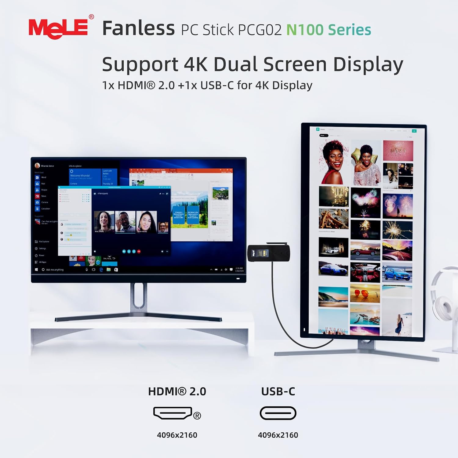 MeLE PCG02 Mini PC Stick Computer Windows 11 Home N100 (up to 3.4GHz) 4GB LPDDR5 128GB, HDMI + USB-C 4K Dual Display, 2.4GHz/5GHz Wi-Fi BT5.1 GbE, Fanless Small Desktop for IoT, Digital Signage, MES