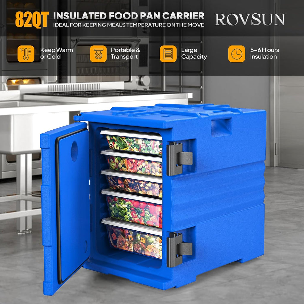 ROVSUN 82 QT Insulated Food Pan Carrier, Hot Box Food Warmer for 5 Full-Size Pan w/Wheels Double Buckles and Handles, Stackable Hot Boxes for Catering Restaurant Canteen Family Party