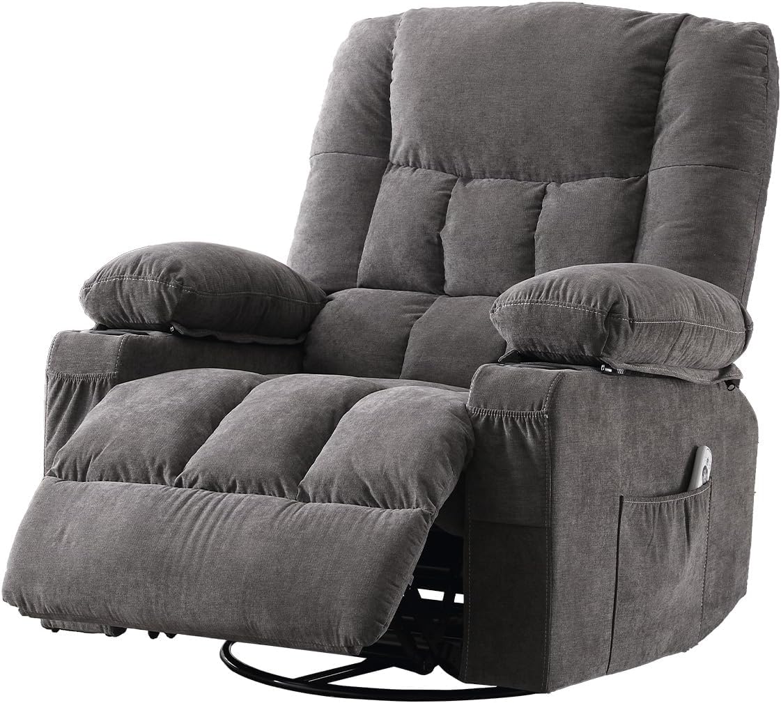 Swivel Recliner Chair for Adults,Oversized Rocker Recliner with Vibration Massage and Lumbar Heat,Ergonomic Rocking Chair with Side Pocket,2 Cup Holders,USB Charge Port for Living Room