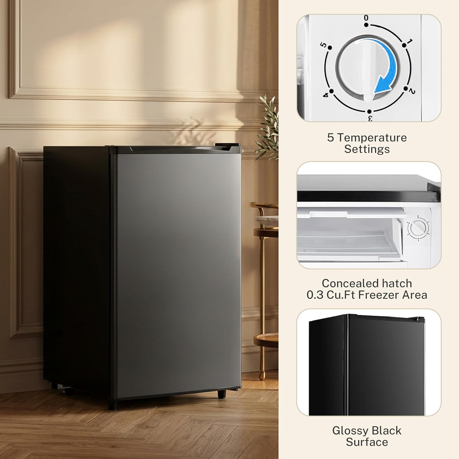 3.2 Cu.Ft Mini Fridge with Freezer, 1 Door Small Refrigerator with Adjustable Thermostat Energy-efficient Low Noise, Compact Fridge for Bedroom, Office, Dorm, Black