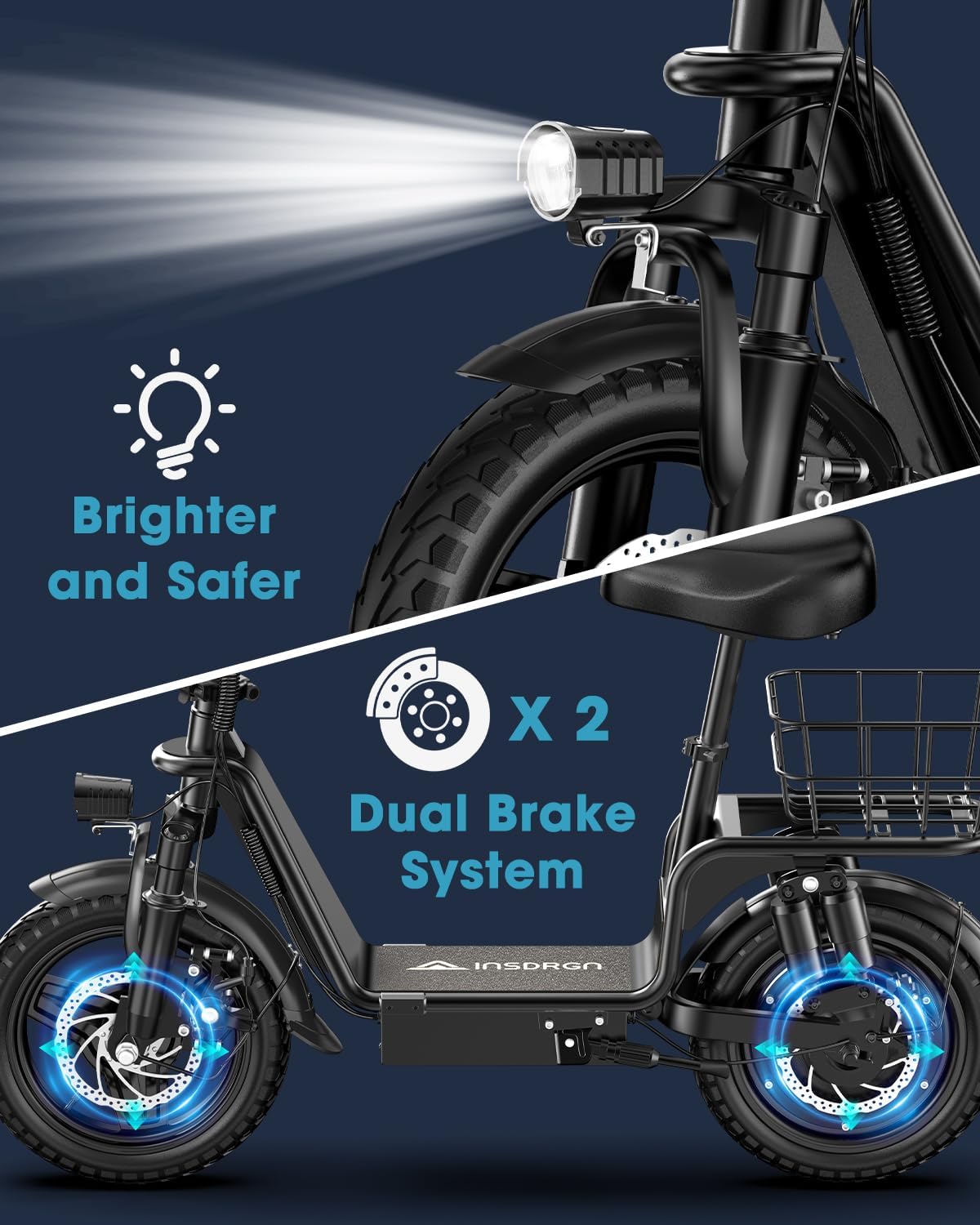 INSDRGN Electric Scooter with Seat for Adults, Peak 1300W Motor, 28-35 Miles Range eScooter, 48V 13Ah Li Battery, 20MPH Foldable Commuter E-Scooter with Basket, Max 330LBS, UL2272 Certified, C14 PRO