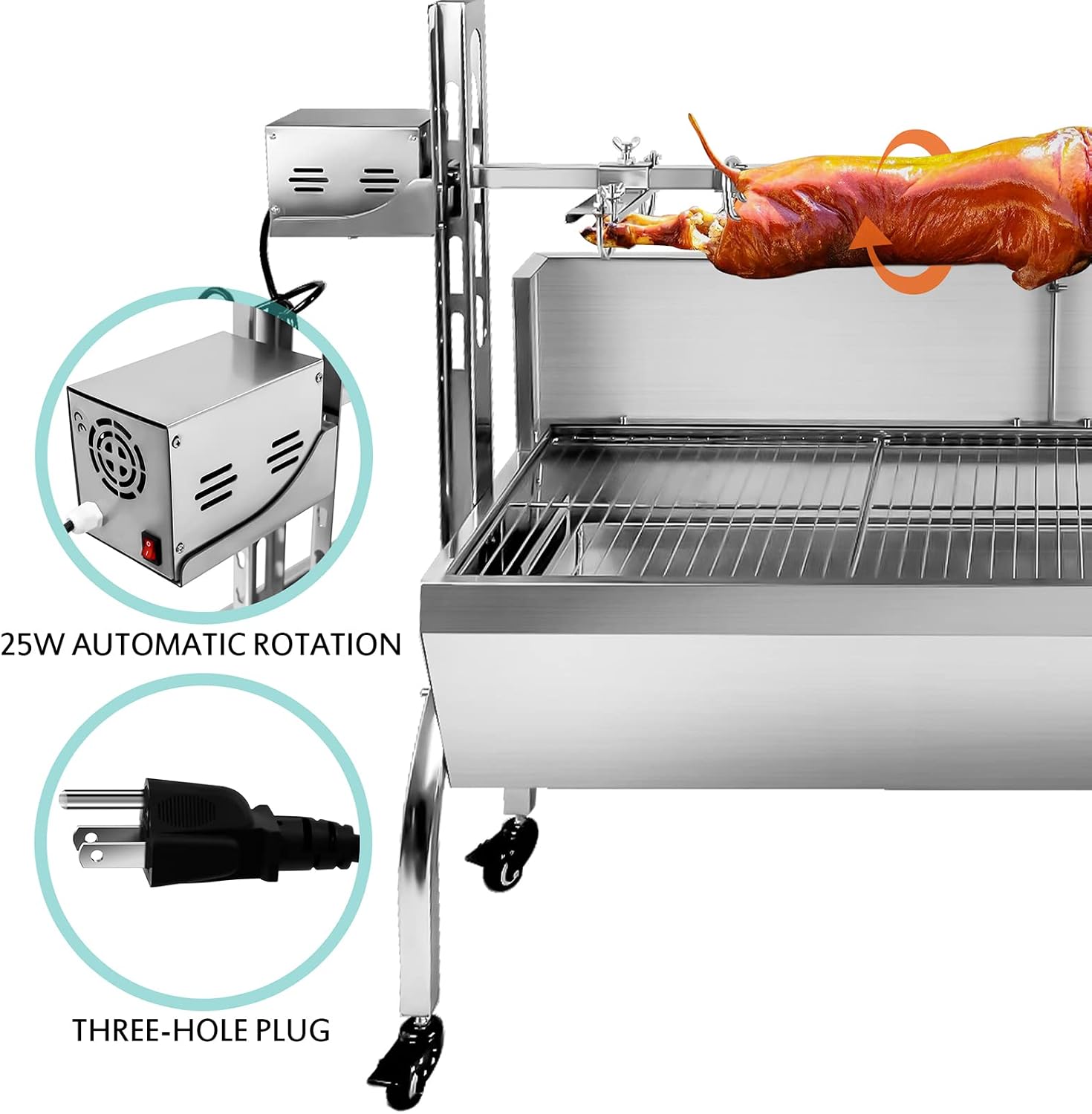 Stainless Steel Rotisserie Grill with Back Cover Guard, Electric 25W Motor Outdoor Cooking Spit Roaster, 48.7 Inch Rated 176 LBS BBQ Whole Pig Charcoal Grill Rotisserie Roaster System