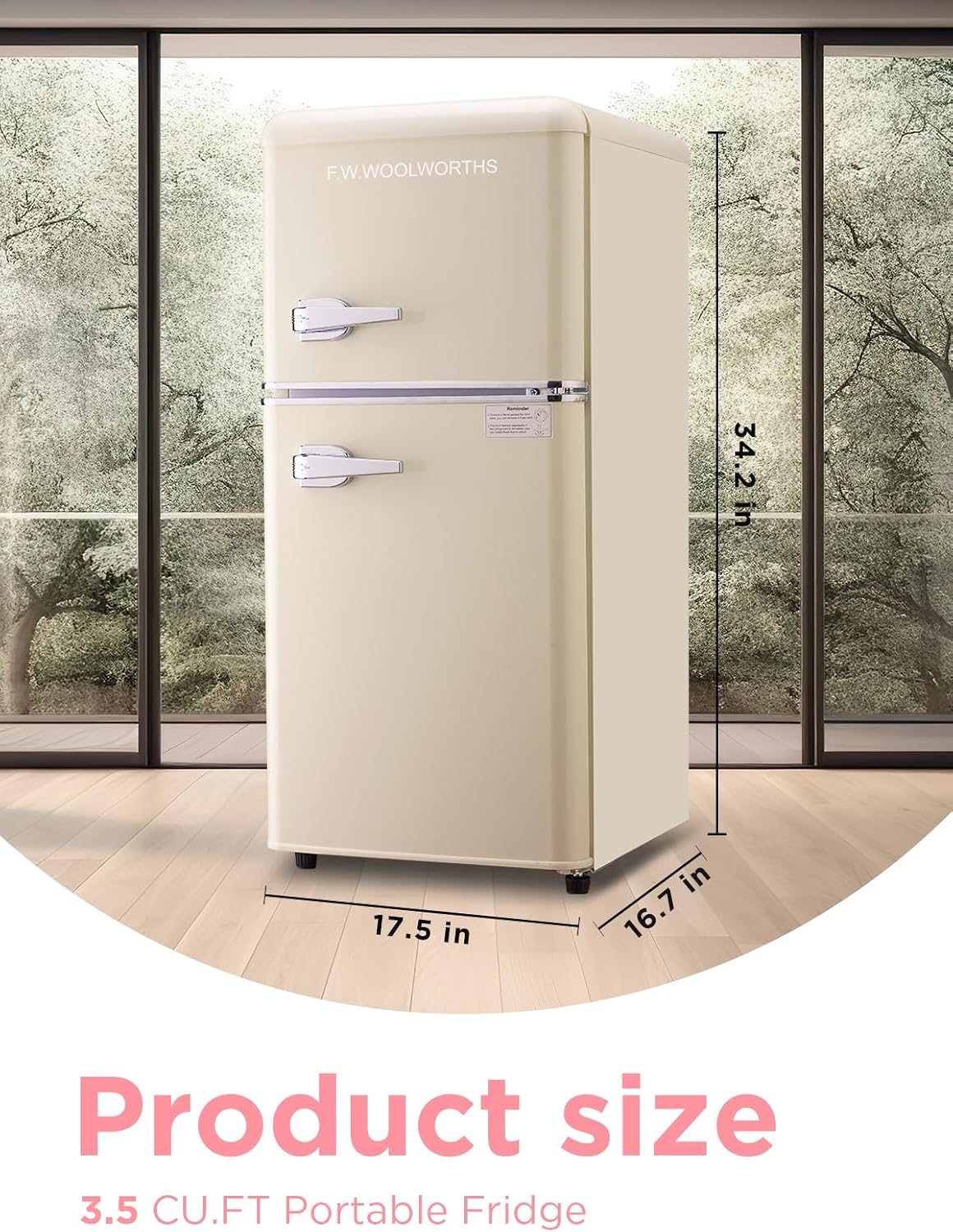 F.W.WOOLWORTHS 3.5 Cu.Ft Fridge with Freezer, Refrigerator with 2 Doors for Office, Kitchen, Dorm and Bedroom, Fridge with 7 Level Temp Adjustable Thermostat, Cream