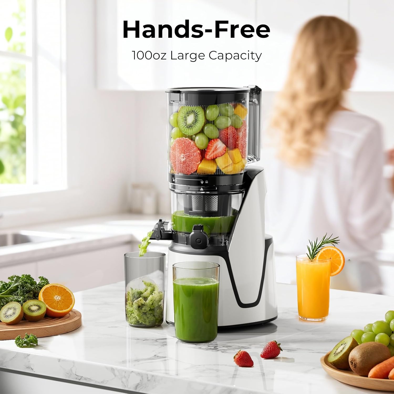 EanOruus Juicer Machines, 3-in-1 Cold Press Juicer with 6.5' Extra Large Chute, 100oz Large Capacity, AC Motor, Makes Juice, Nut Milk & Sorbet, Bright White
