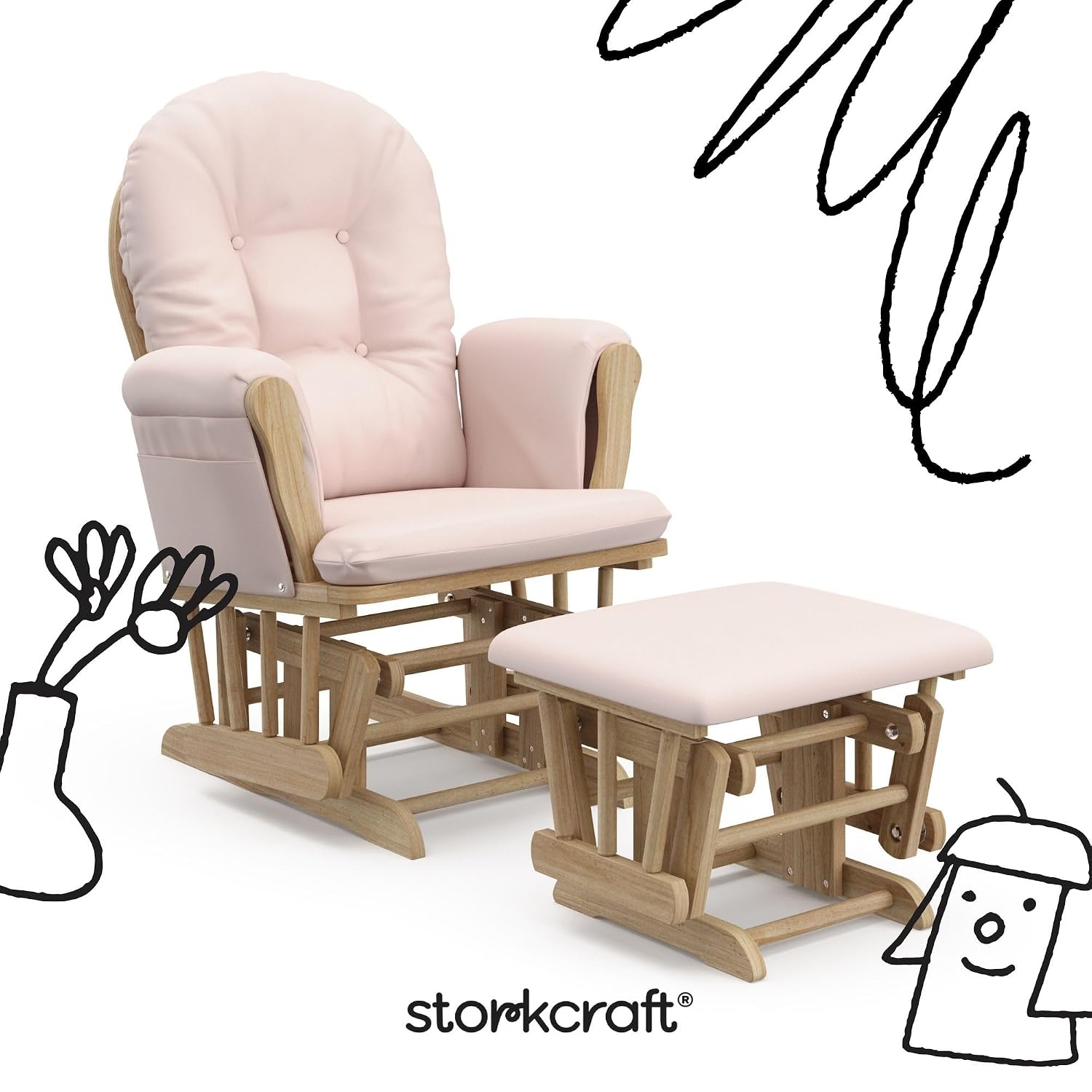 Storkcraft Premium Hoop Glider & Ottoman (Natural/Pink) — GREENGUARD Gold Certified Nursery Glider, Solid Wood Craftsmanship, Smooth-Gliding Nursery Chair and Ottoman, Award-Winning
