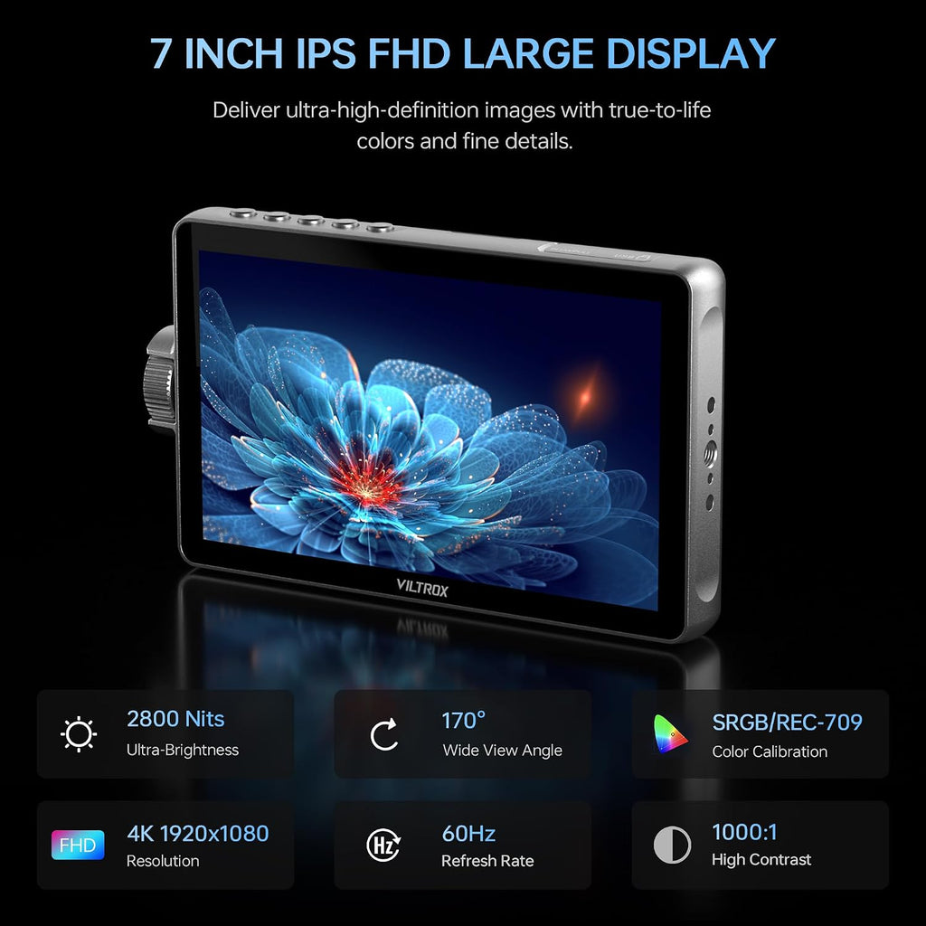 VILTROX DC-A1 2800Nits Camera Field Monitor Touchscreen with 7' Full HD1920x1080 IPS 4K HDMI Loop in/Out,3D LUTs Waveform Video Peaking Focus Assist, 170° Wide View Angle, Sunshade Hood & Battery
