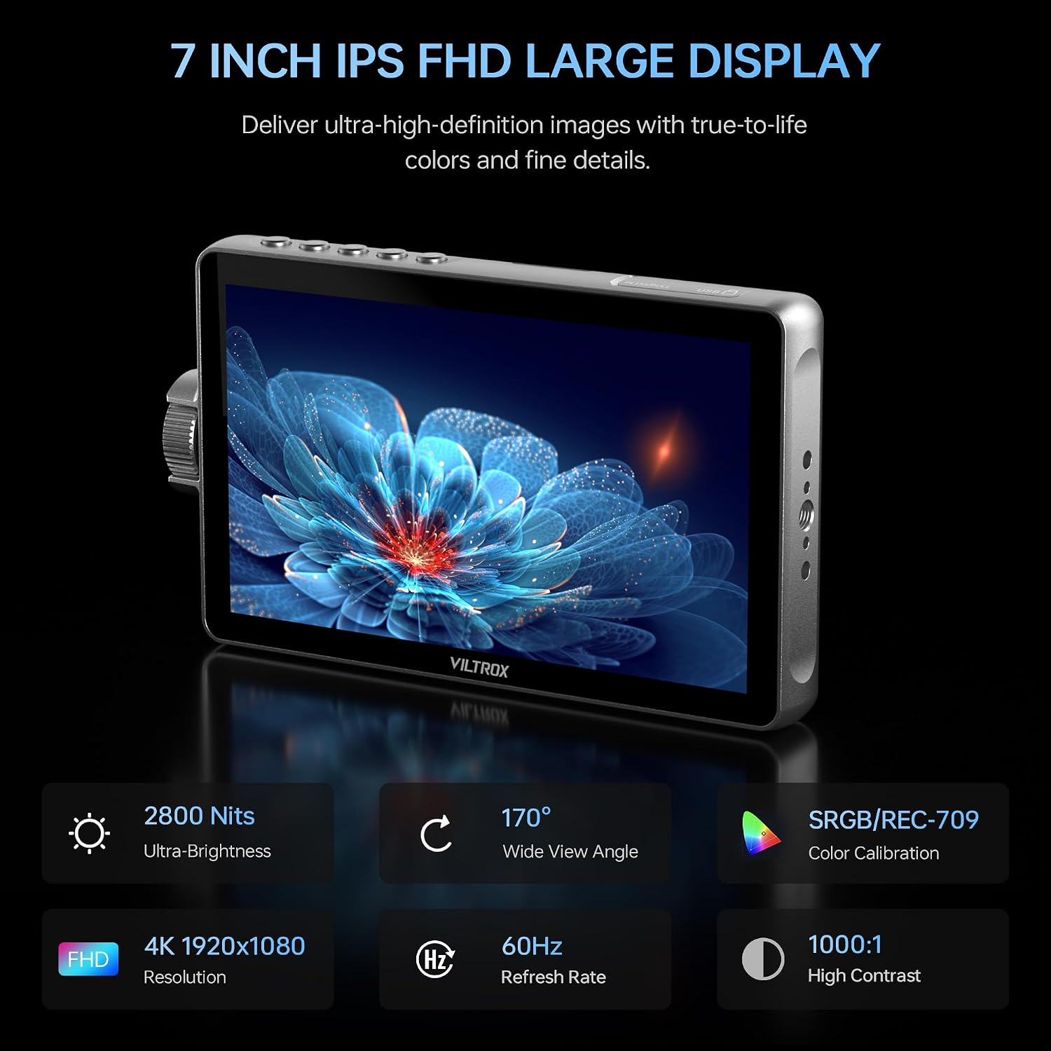 VILTROX DC-A1 2800Nits Camera Field Monitor Touchscreen with 7' Full HD1920x1080 IPS 4K HDMI Loop in/Out,3D LUTs Waveform Video Peaking Focus Assist, 170° Wide View Angle, Sunshade Hood & Battery