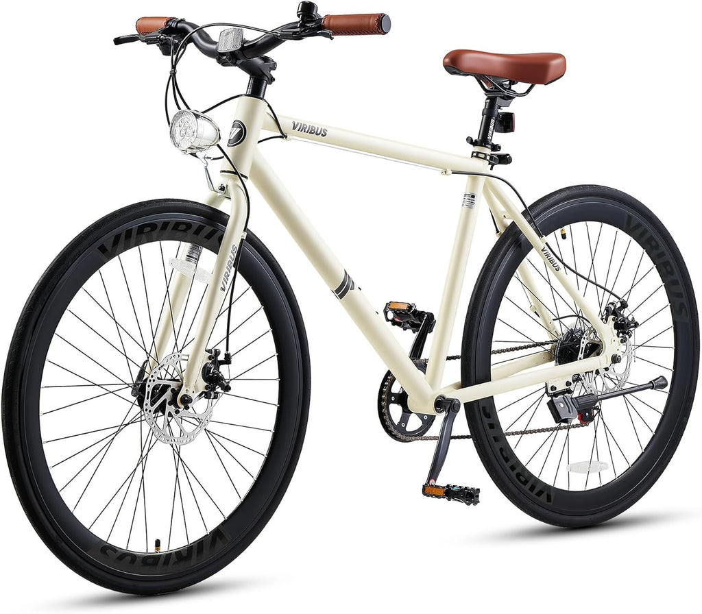 VIRIBUS Hybrid Bikes, 28 inch Mens Hybrid Bicycle 7 Speed with Lightweight Aluminum Frame & Disc Brakes, 700C Retro Vintage Adult Bike for Tall Men & City Commuters 85% Pre-Assembled