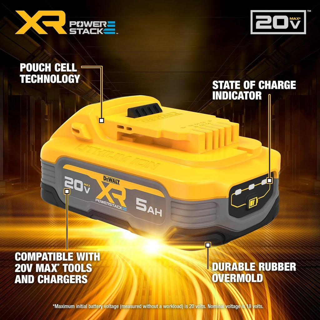 DEWALT 20V MAX Battery, POWERSTACK, More Power More Compact, Rechargeable 5Ah Lithium Ion Battery (DCBP520)