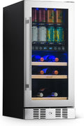 NewAir 15' Dual Zone Beverage Refrigerator & Wine Cooler for 9 Bottles & 48 Cans | Freestanding or Built-In Under Counter Mini Fridge for Beer, Wine and Soda | Stainless Steel
