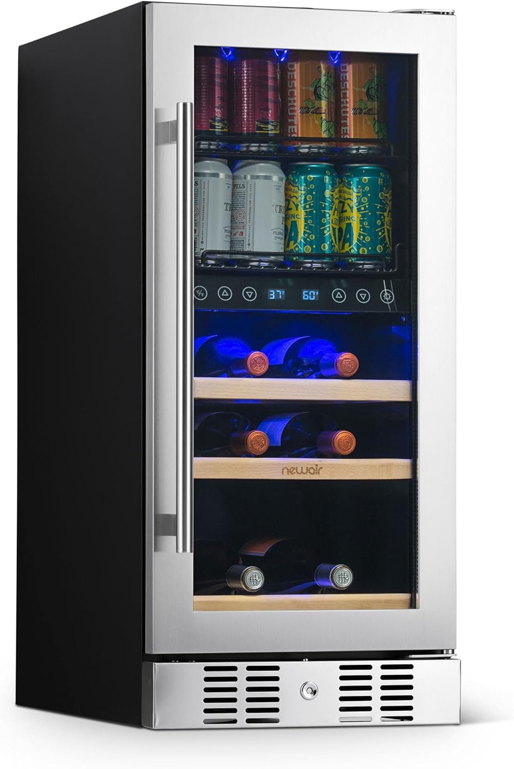 NewAir 15' Dual Zone Beverage Refrigerator & Wine Cooler for 9 Bottles & 48 Cans | Freestanding or Built-In Under Counter Mini Fridge for Beer, Wine and Soda | Stainless Steel