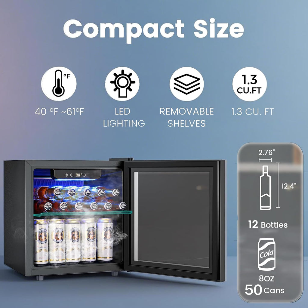COWSAR Beverage Refrigerator, 50 Cans Wine Cooler, ETL Approved 1.3 Cu.ft Mini Fridge with Glass Door, Adjustable Shelves, Digital Temperature Freestanding Small Drink Fridge for Soda Beer or Wine