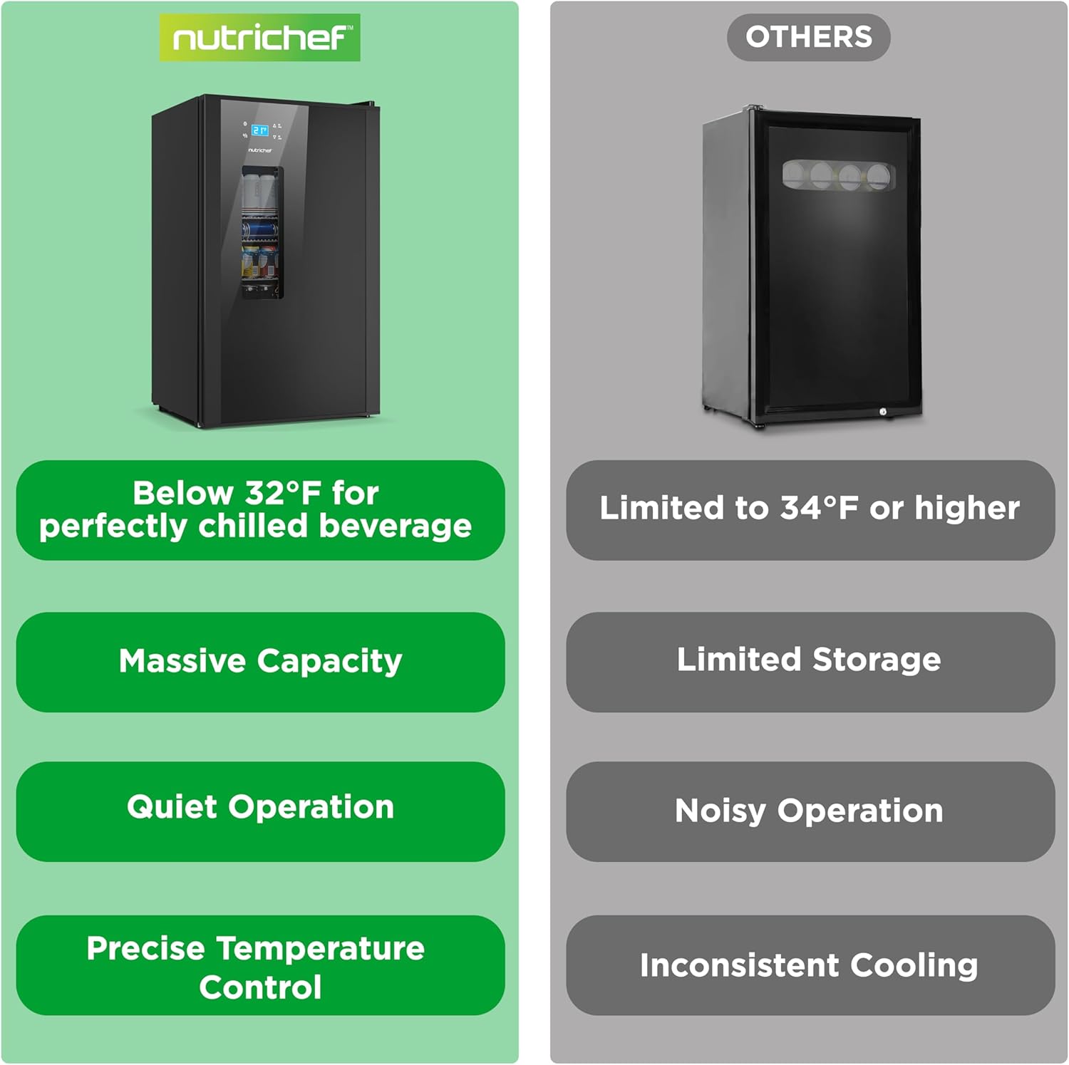 Nutrichef Beer Fridge 108 Can Capacity | Freestanding Beverage Refrigerator with Glass Door for Beer & Soda | Adjustable Temperature 21°F to 64°F | Adjustable Shelves | 19 x 17 x 33 IN | Black