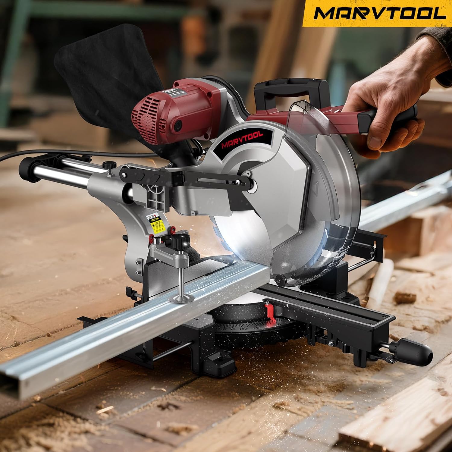 12-Inch Dual-Bevel Sliding Compound Miter Saw, 3800RPM, 15 Amp, Dual Bevel 0-45° with Extension Table, 36T Blade, Power Saw for Metal, Plastic, Wood, Laminates