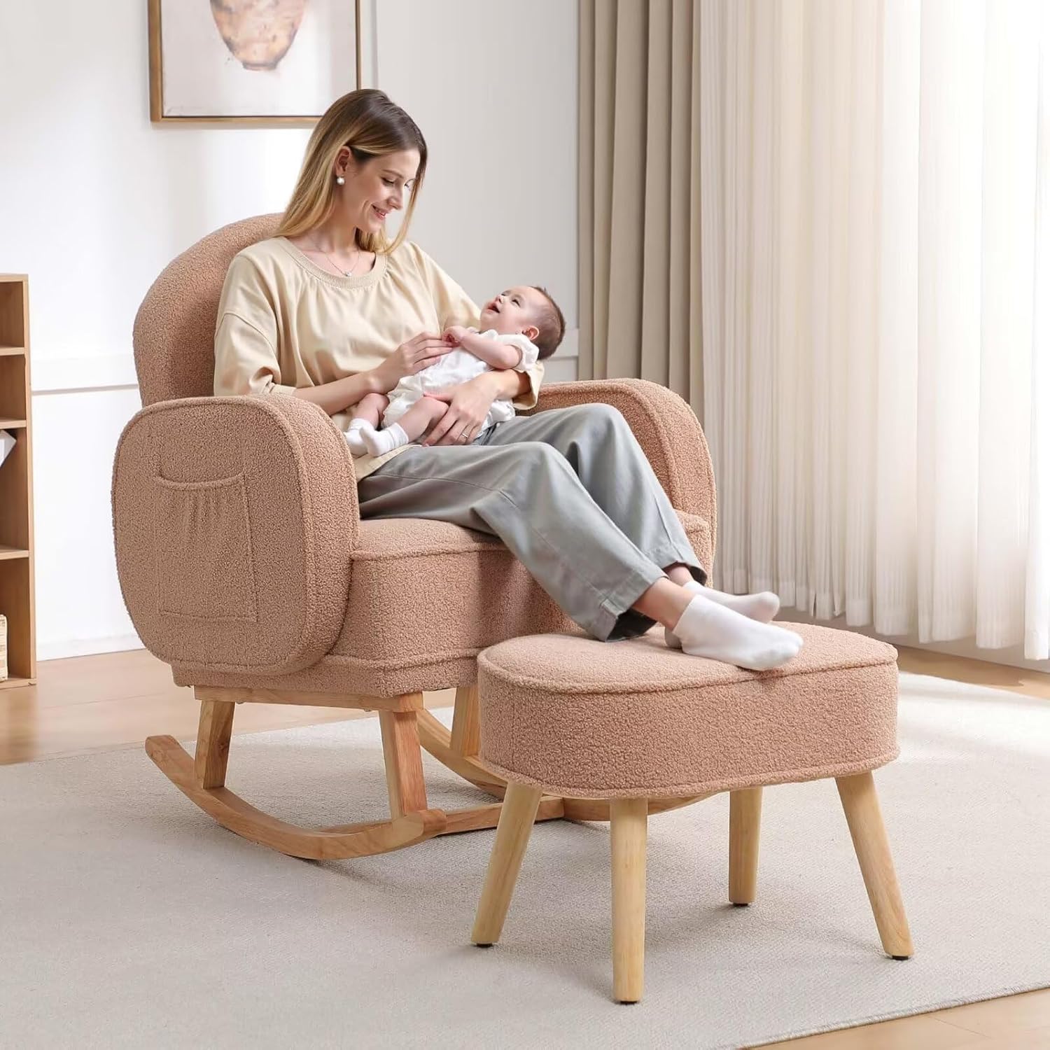 HCHAIRH Rocking Chair Nursery with Ottoman, Upholstered Glider Rocker with High Backrest and Side Pocket, Rocking Accent Armchair with Solid Wood Legs for Nursery, Living Room, Bedroom Coffee
