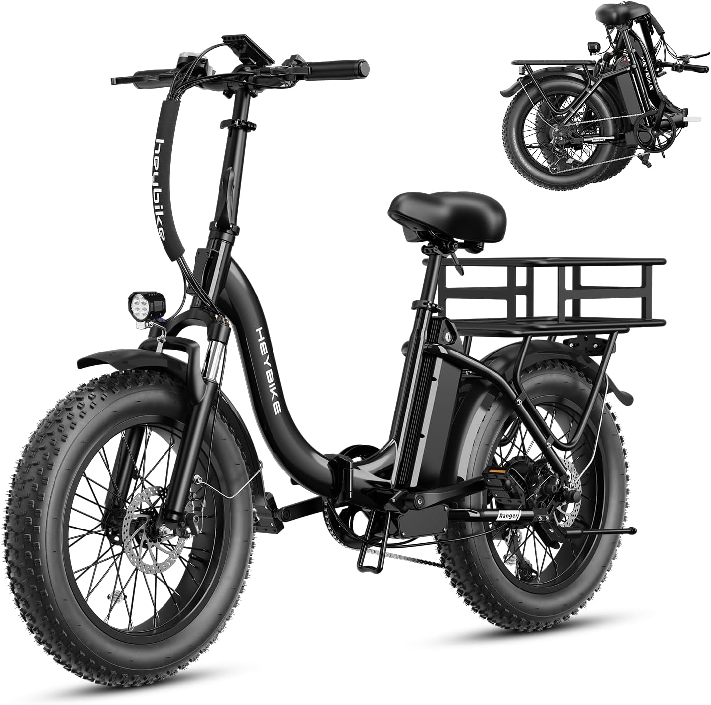 Heybike Ranger 2.0 Foldable Electric Bike for Adults, 20'*4 Fat Tire Ebike with 1400W Peak Motor, 28 MPH Max Speed, 600Wh Removable Battery, Up to 65 Miles Range, Front Suspension Step-Thru E Bike
