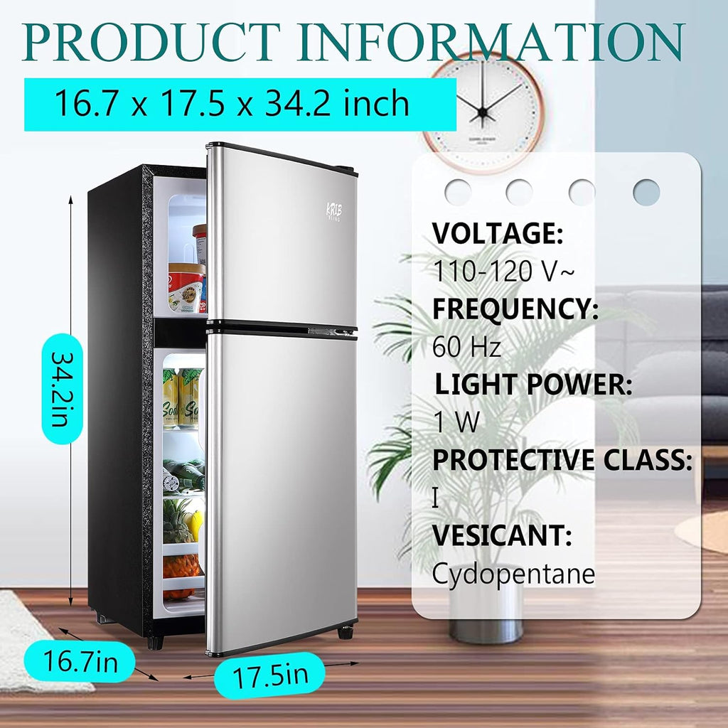 KRIB BLING 3.5 Cu.Ft Refrigerator with Freezer, 2 Doors Fridge with Adjustable Thermostat Control, Refrigerator for Kitchen, Dorm, Apartment, Garage, Office, Silver
