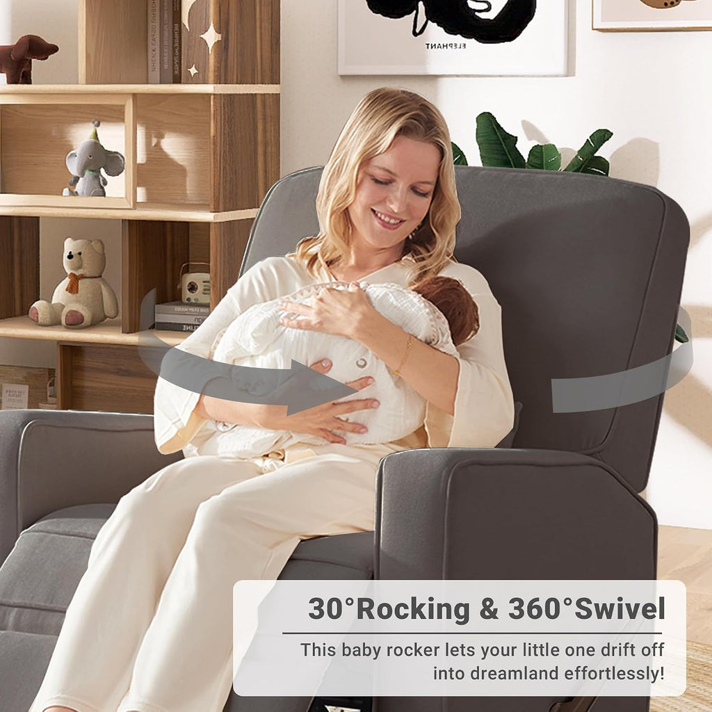Tbfit Nursery Rocking Chair,360°Swivel Recliner Chair with Lumbar Support for Bedroom, Comfy Upholstered Armchair with Pillows & Footrest for Living Room & Baby Room