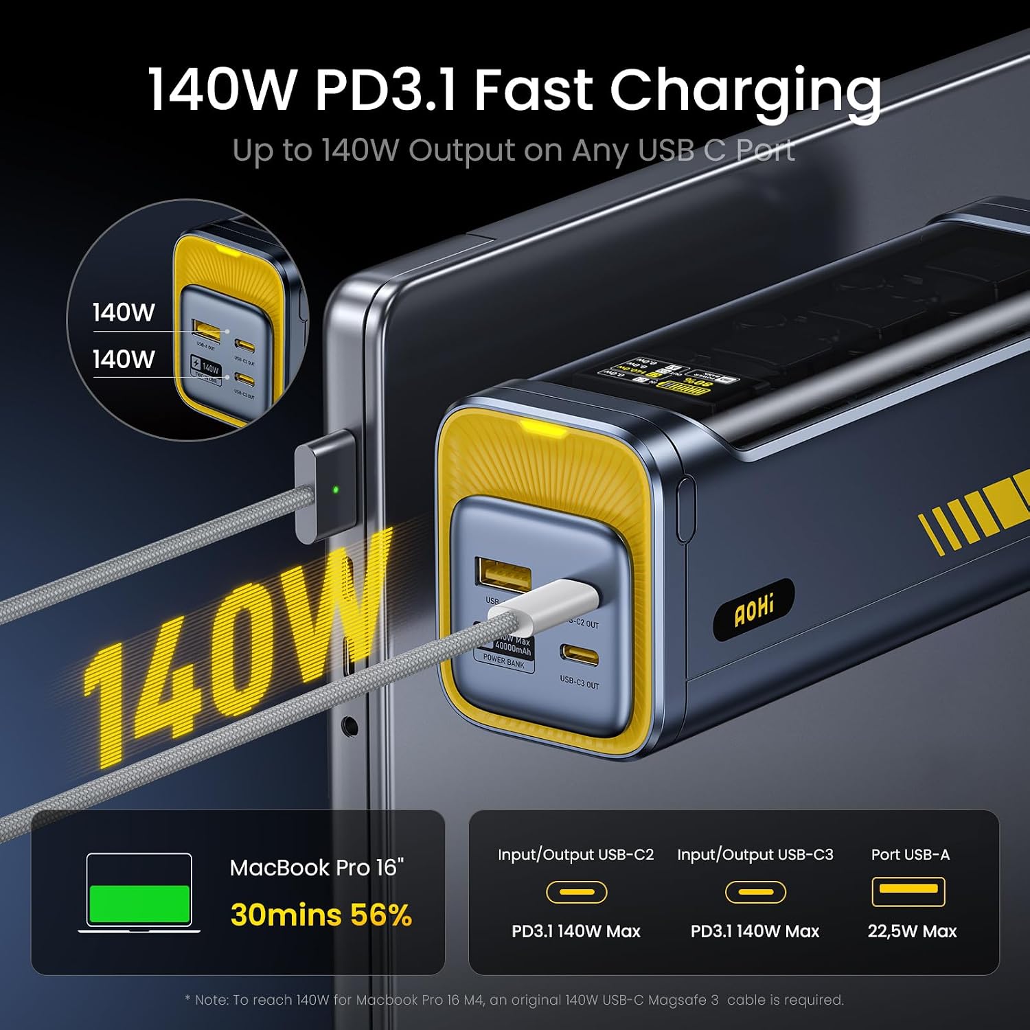AOHI 140W PD3.1 Laptop Power Bank 40000mAh Fast Charging Station, The Future Starship 2 in 1 Camping Large Portable Charger for MacBook Pro/Air, iPad Pro, iPhone 16 Pro Max,Galaxy,Steam Deck, Grey