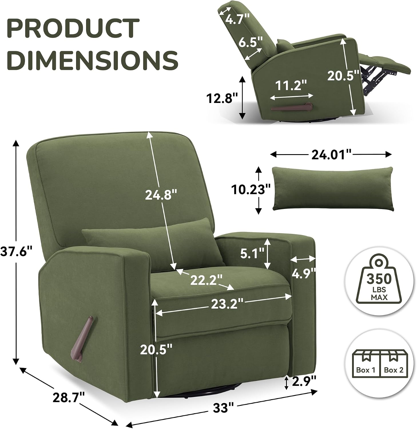 Tbfit Nursery Rocking Chair,360°Swivel Recliner Chair with Lumbar Support for Bedroom, Comfy Upholstered Armchair with Pillows & Footrest for Living Room & Baby Room