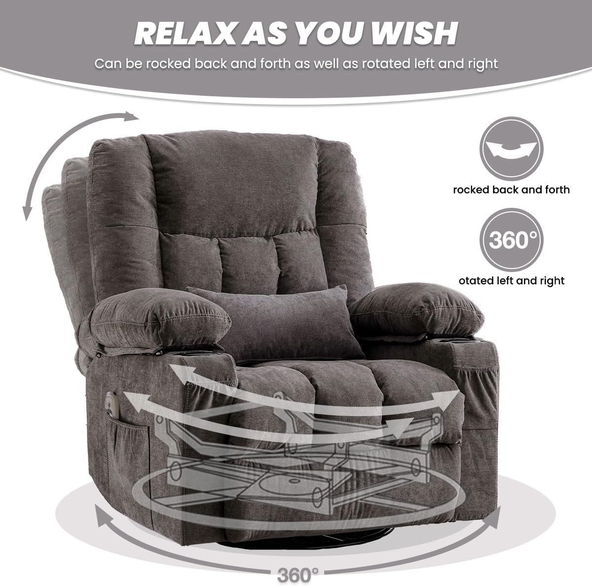 BOSMILLER Oversized Recliner Chair for Adults with Vibration Massage and Lumbar Heating Swivel Rocker Recliner with Cup Holder and USB Charge Port for Living Room