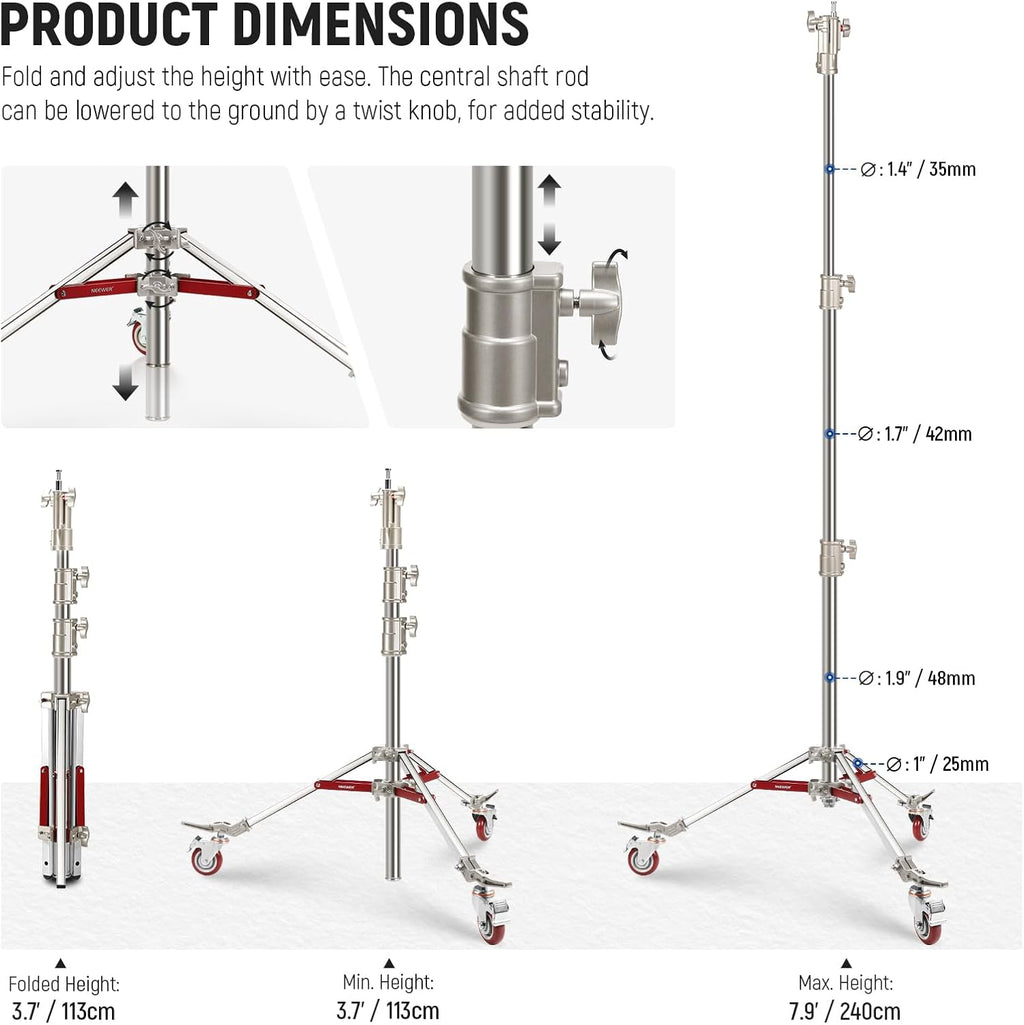 NEEWER Heavy Duty Stainless Steel Light Stand with Casters, 1-1/8' Junior Receiver, Spring Loaded 5/8' Baby Stud, Max Load 77lb, 7.9ft/240cm Junior Wheeled Stand for Studio Softbox Reflector, ST240SS