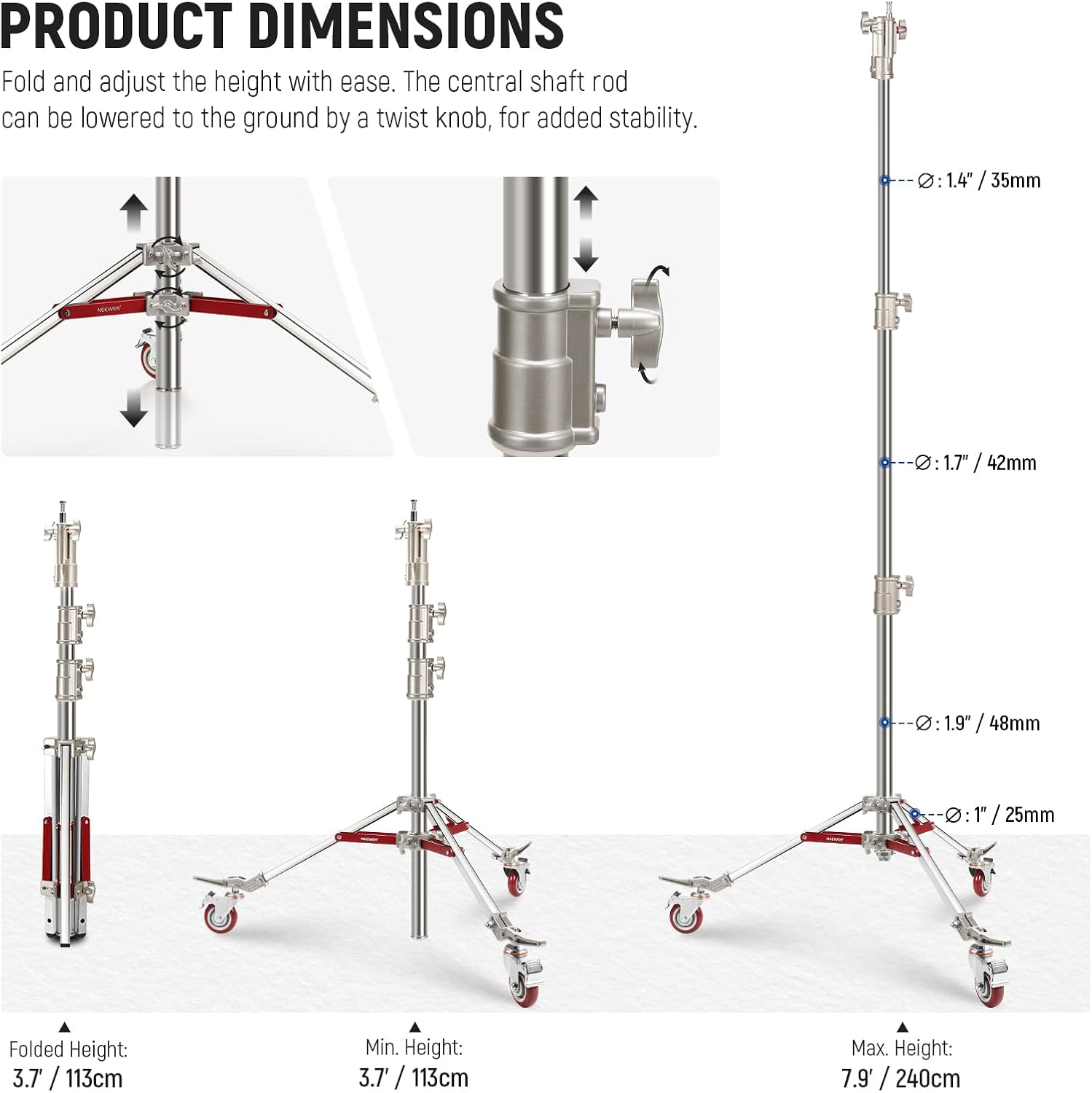NEEWER Heavy Duty Stainless Steel Light Stand with Casters, 1-1/8' Junior Receiver, Spring Loaded 5/8' Baby Stud, Max Load 77lb, 7.9ft/240cm Junior Wheeled Stand for Studio Softbox Reflector, ST240SS
