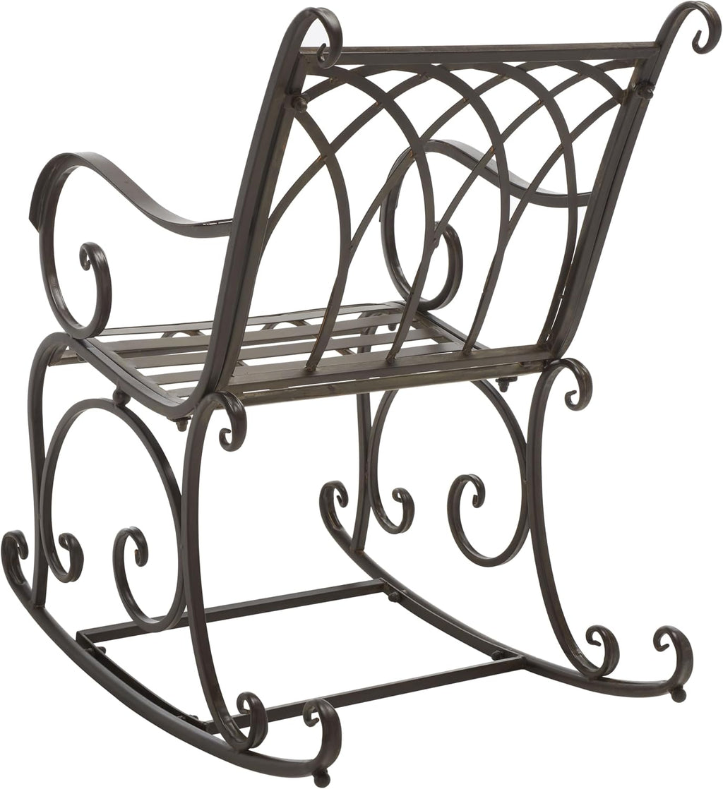 SAFAVIEH Outdoor - Medrano Iron Rocking Chair - Rustic Brown Iron Metal - Vintage Ornate Scrollwork Design - Ideal for Patio, Deck, Porch, Garden, 15' Seat Height (PAT5030B)
