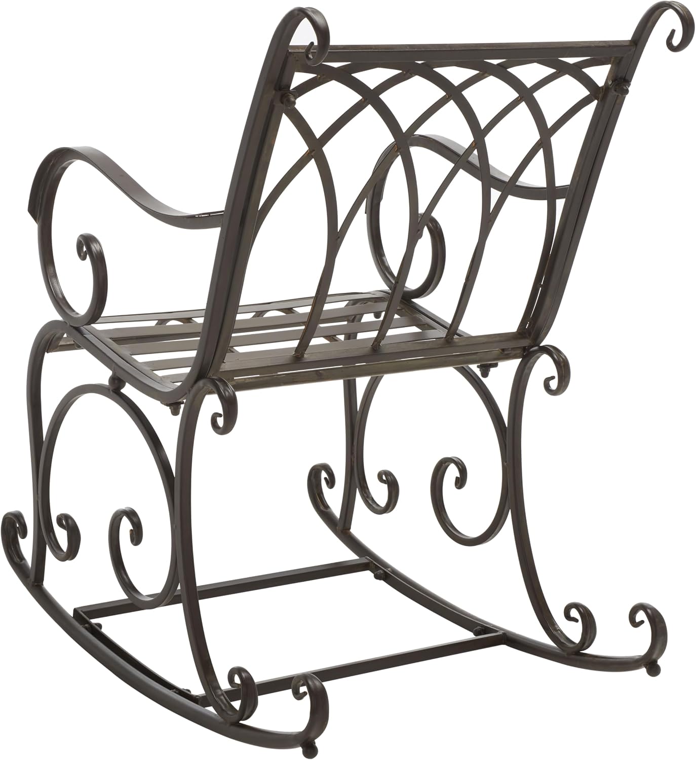 SAFAVIEH Outdoor - Medrano Iron Rocking Chair - Rustic Brown Iron Metal - Vintage Ornate Scrollwork Design - Ideal for Patio, Deck, Porch, Garden, 15' Seat Height (PAT5030B)