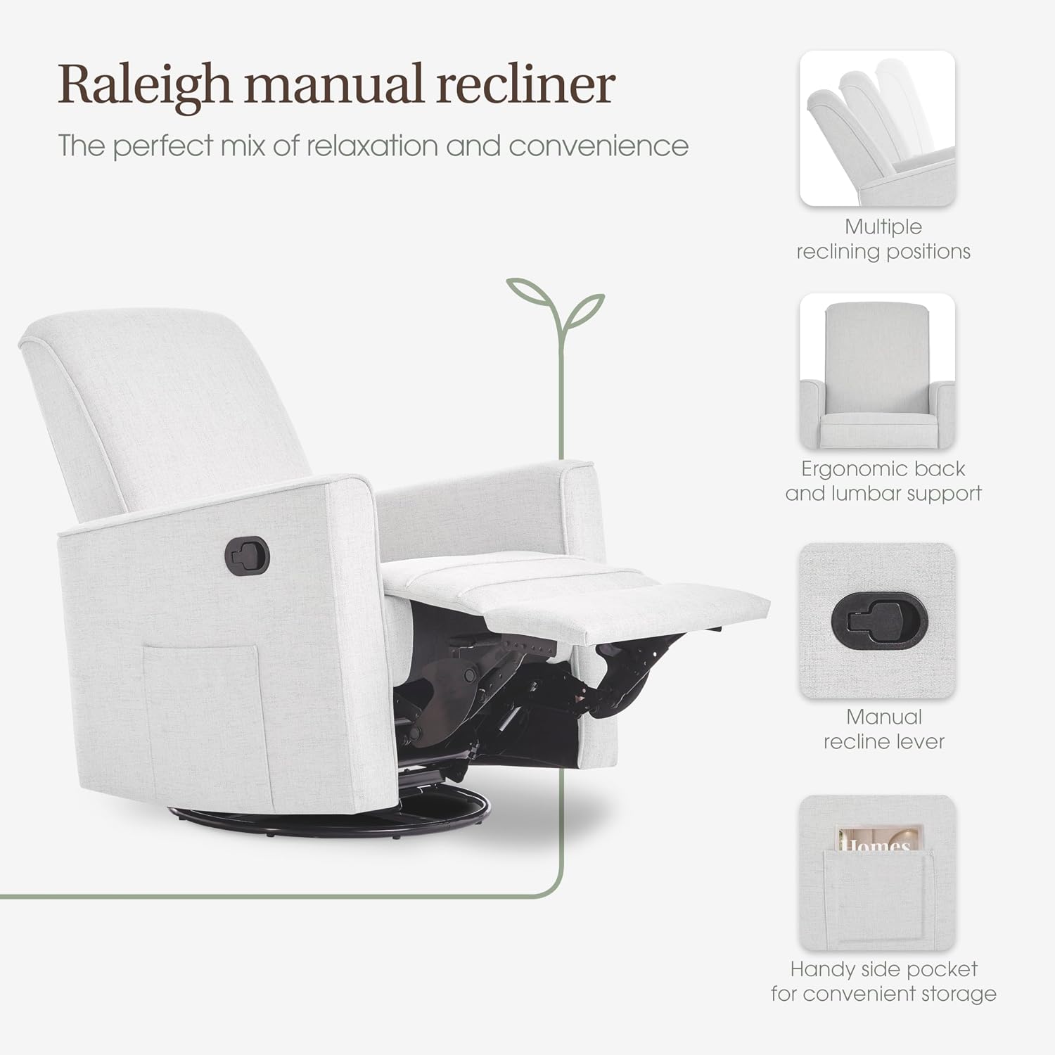 Evolur Raleigh Upholstered Manual Glider Recliner– Rocking & 360° Swivel with Smooth Glide – Greenguard Gold & FSC Certified – Modern Nursery and Living Room Chair in Fog