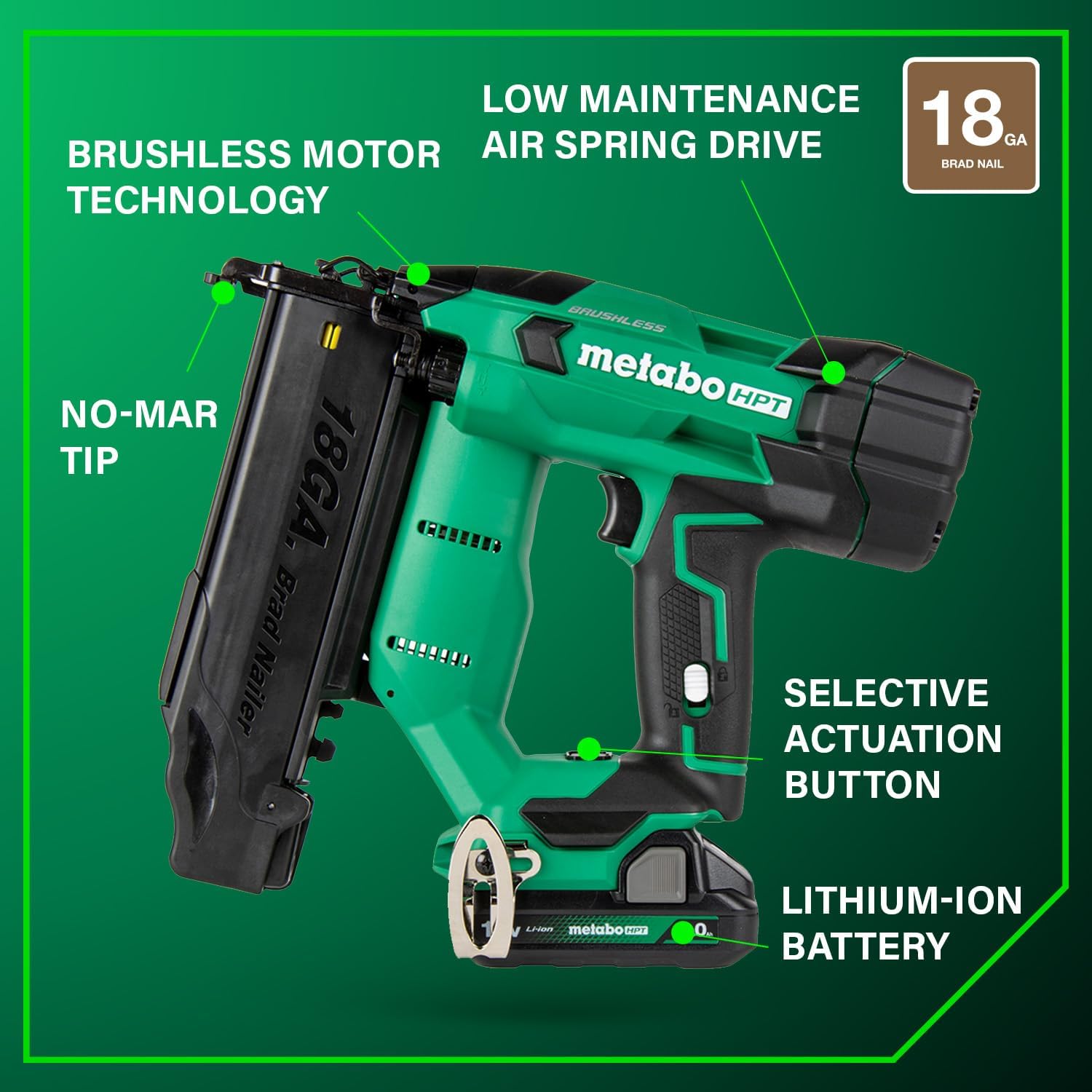 Metabo HPT 18V MultiVolt Brushless Compact Cordless Brad Nailer Kit, 18 Gauge Nailer with Power Tool 2.0Ah Lithium Ion Battery, Drives 5/8' to 2' Brad Nails, NT1850DFT