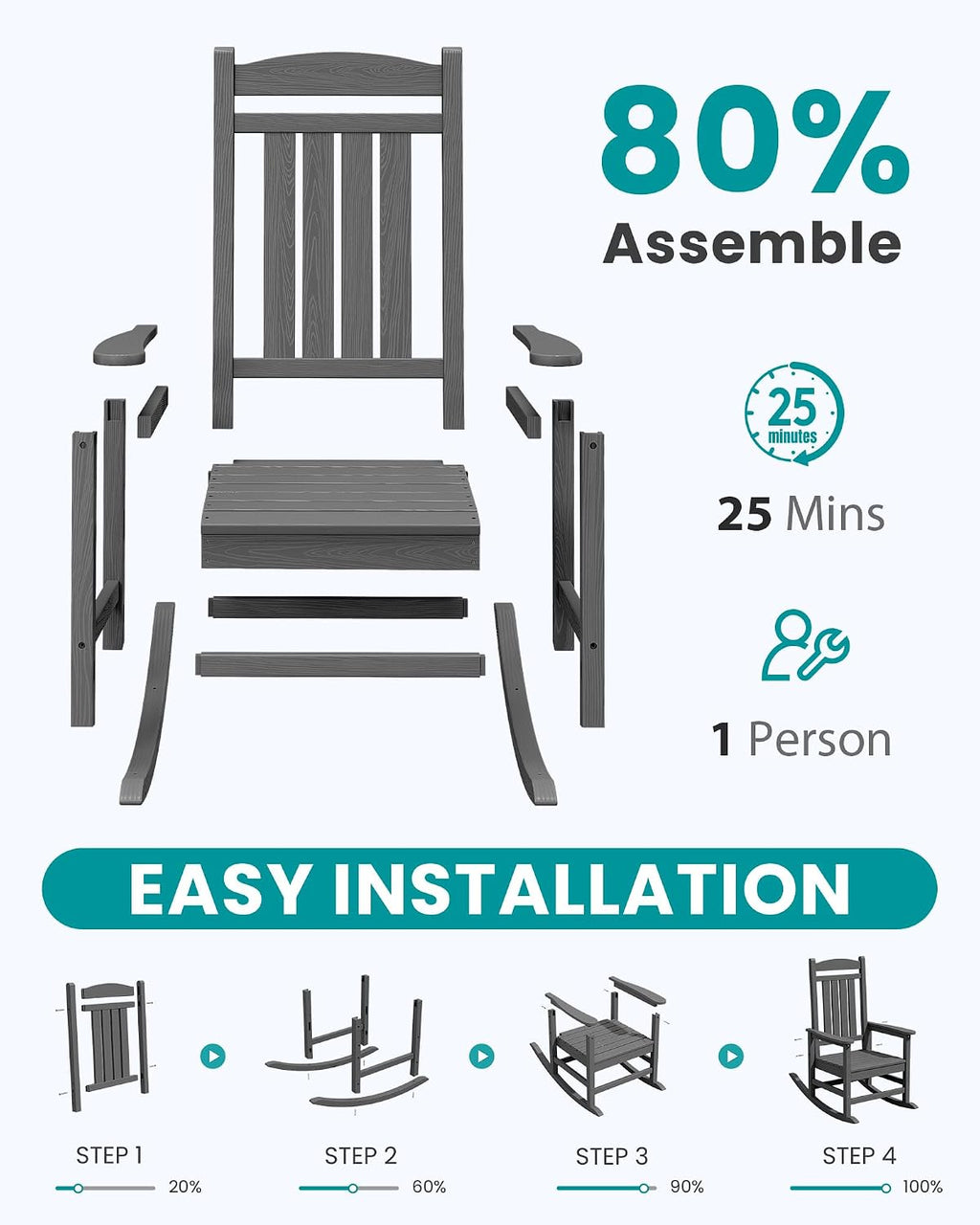 SERWALL Oversized Outdoor Rocking Chair Set of 6, HDPE Patio Rocking Chair, All-Weather Porch Rocker for Balcony, Yard, Dark Gray