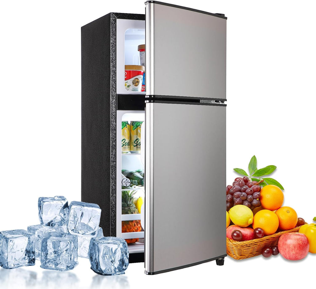Dorm Fridge with Freezer, Small Refrigerator 3.5 Cu. Ft. with Freezer for Apartment, Temperature Adjustable Apartment Size Fridge for Kichen, College, RV, Office, Silver