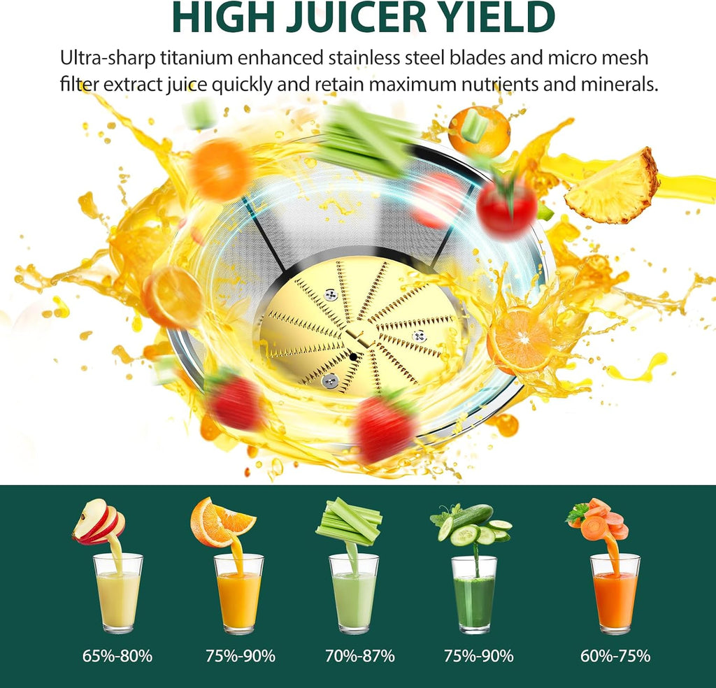 KOIOS 1300W Centrifugal Juicer Machines, High Juice Yield Juice Extractor with 3 inch Wide Feed Chute, Full Copper Motor & Titanium-Plated Filter, Easy Clean, 3 Speeds, BPA Free, Stainless Steel