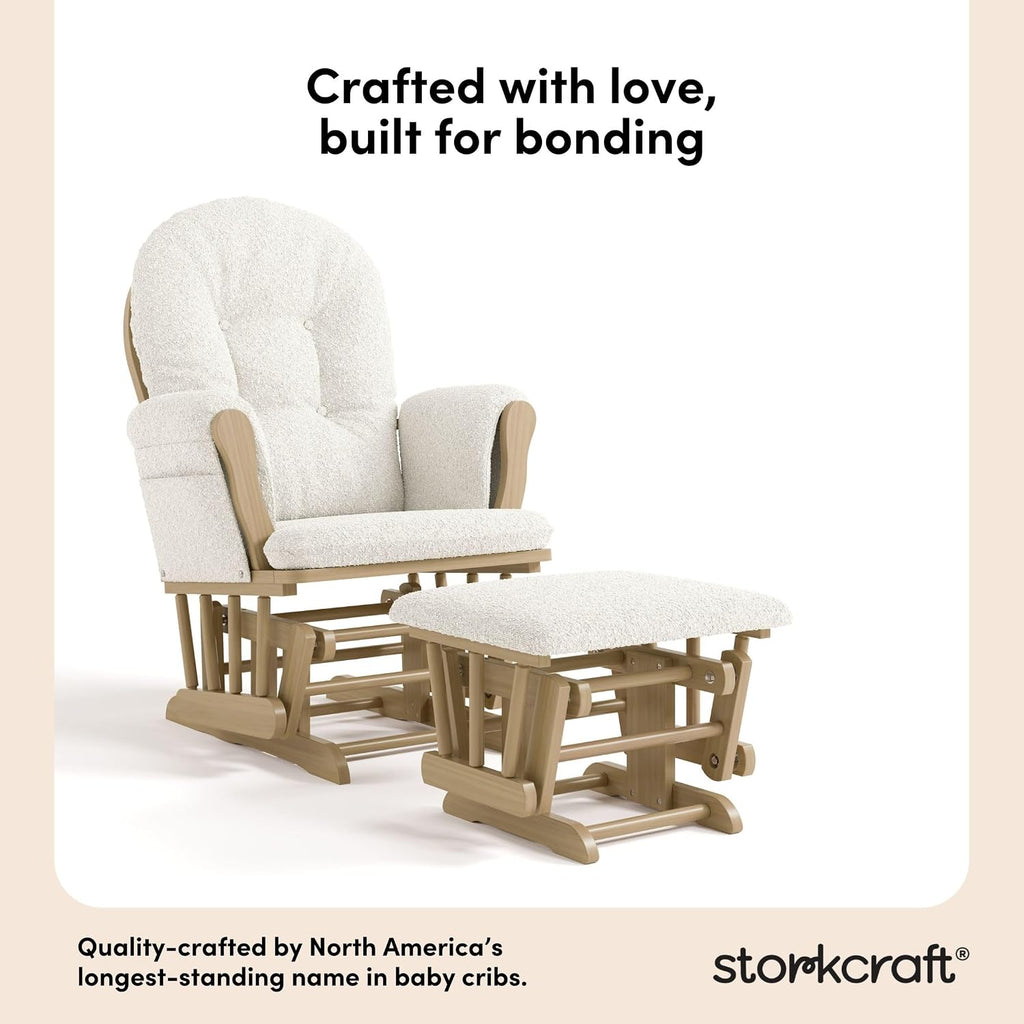 Storkcraft Premium Hoop Glider & Ottoman - GREENGUARD Gold Certified, Solid Wood Craftsmanship, Convenient Storage Pockets, Nursery Rocking Chair, Multi-Award-Winning (Driftwood and Ivory Boucle)