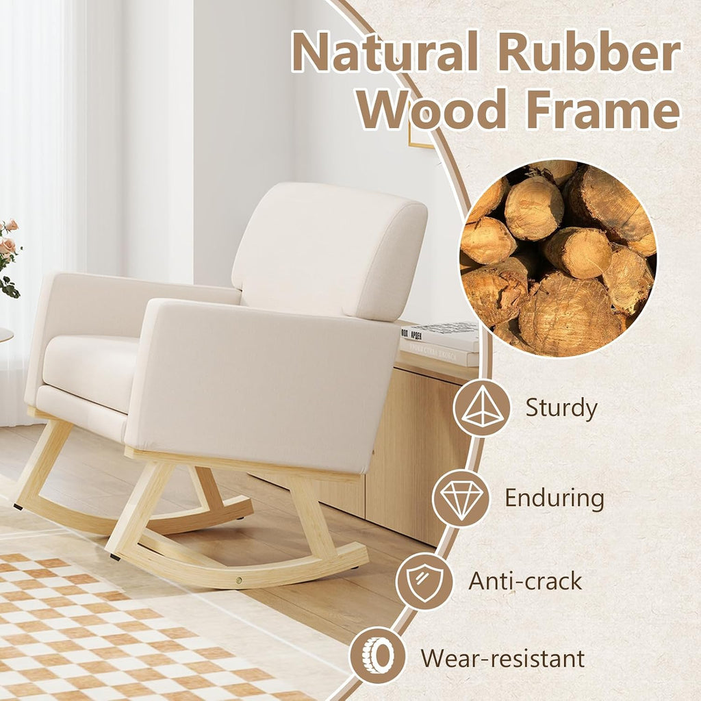 Giantex Upholstered Rocking Chair, Nursery Rocking Chair w/Widened Back, Machine-Washable Seat Cushion Cover, Solid Rubber Wood Frame, Glider Rocker Accent Chair for Living Room, Bedroom, Beige