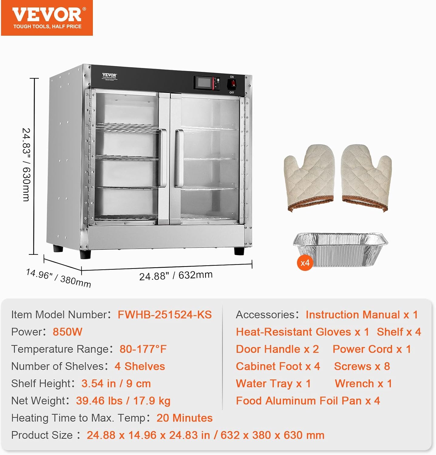 VEVOR Hot Box Food Warmer, 4-Tier Concession Warmer with Water Tray, 4 Pans, Glass Double-door and Adjustable Shelves, Stainless Steel Food Warmer Cabinet, Ideal for Storing Pizza, Chicken, Restaurant