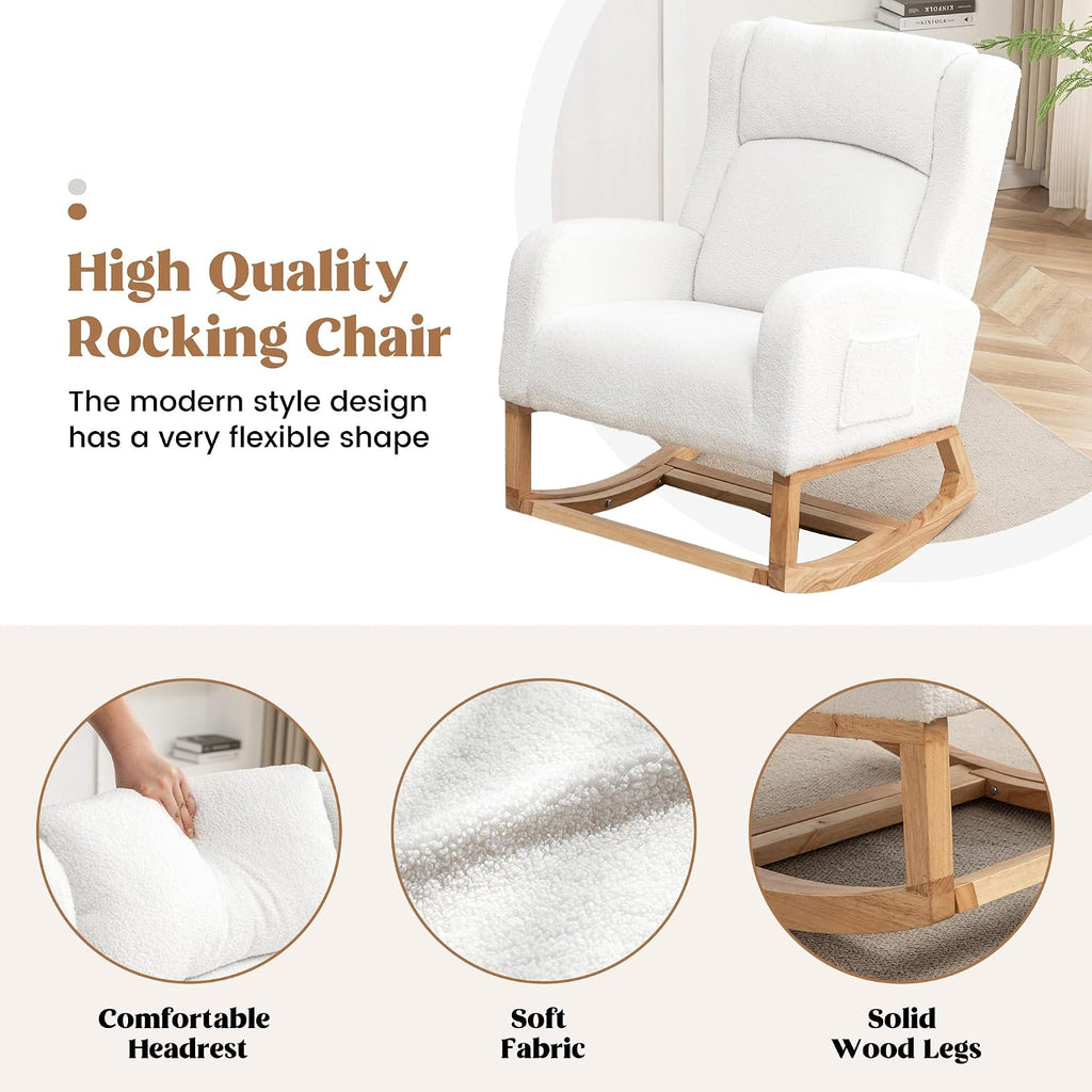 HCHAIRH Rocking Chair Nursery, Nursing Rocking Chairs for Mom Nursery, Comfy Wingback Glider Rocking Armchair with Foot Rest and Side Pocket for Nursery Living Room Bedroom, Teddy White
