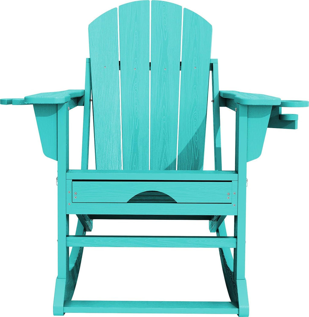 KINGYES Adirondack Rocking Chair Set of 2 with Retractable Ottoman and Cup Holders, HDPE Adirondack Rocker Patio Rocking Chair for Porch, Patio, Balcony, Aqua Blue