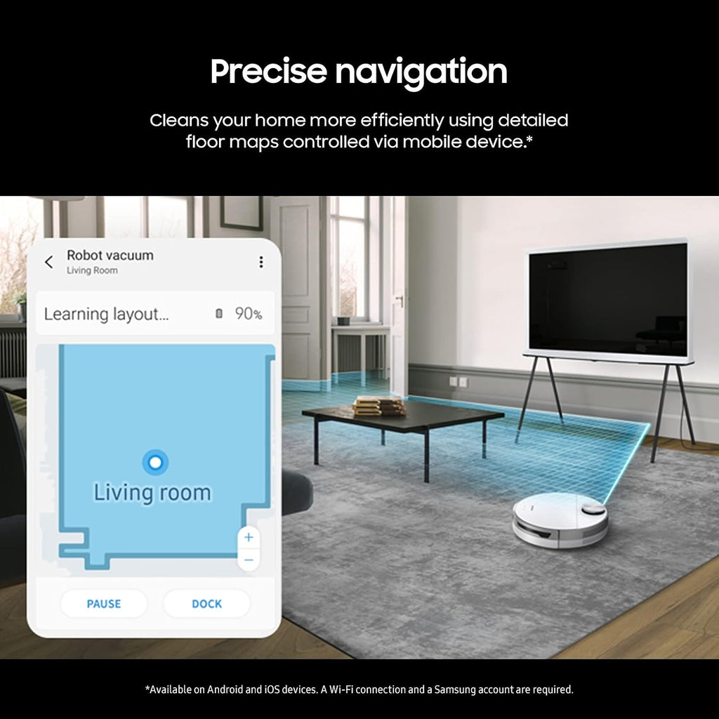 SAMSUNG Jet Bot Robot Cordless Vacuum Cleaner w/ Intelligent Power Control, Precise Navigation, Multi Surface Cleaning for Hardwood Floors, Carpets, Rugs, Anti Hair, VR30T80313W/AA, White